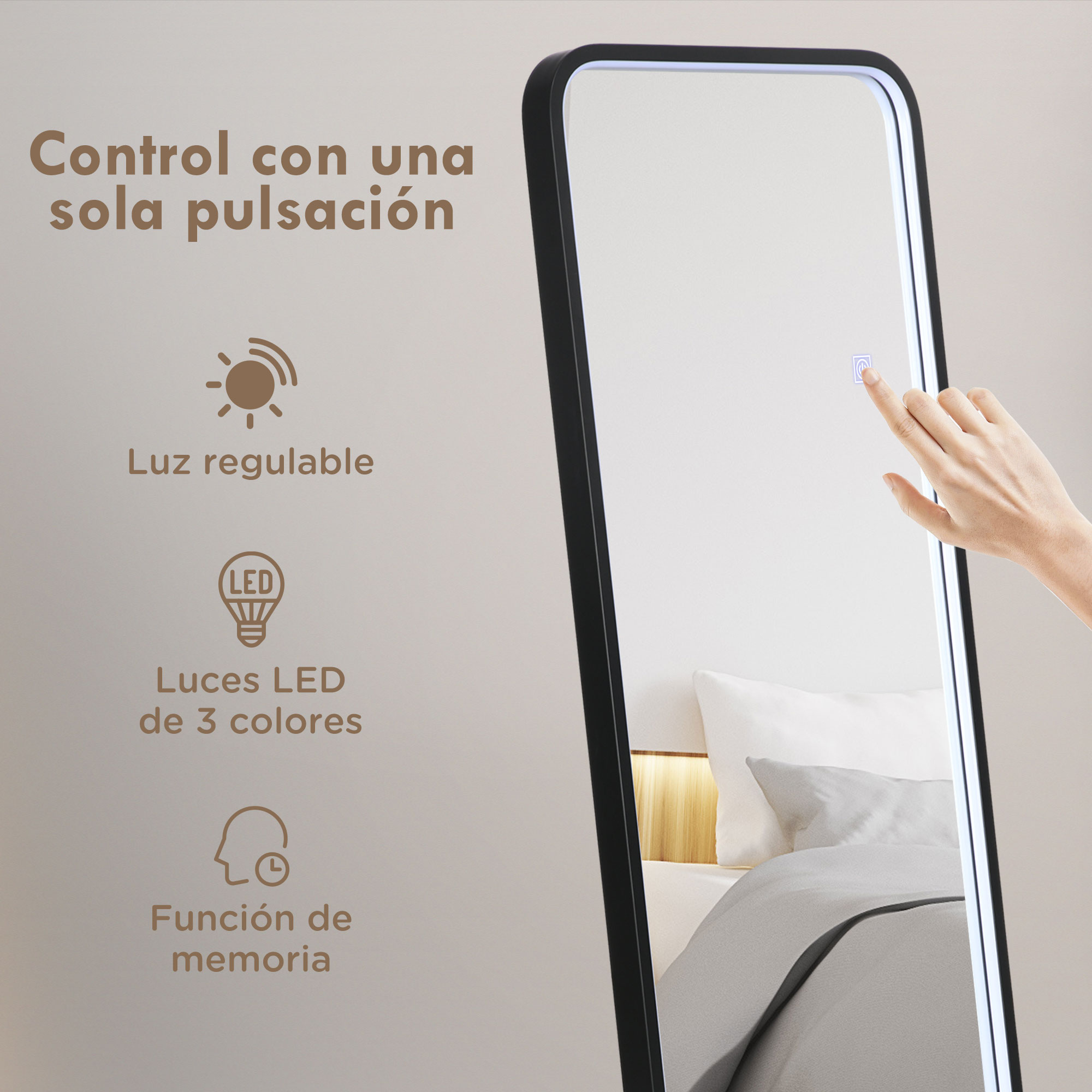 Un dedo toca una pantalla táctil en un espejo. El texto describe funciones.