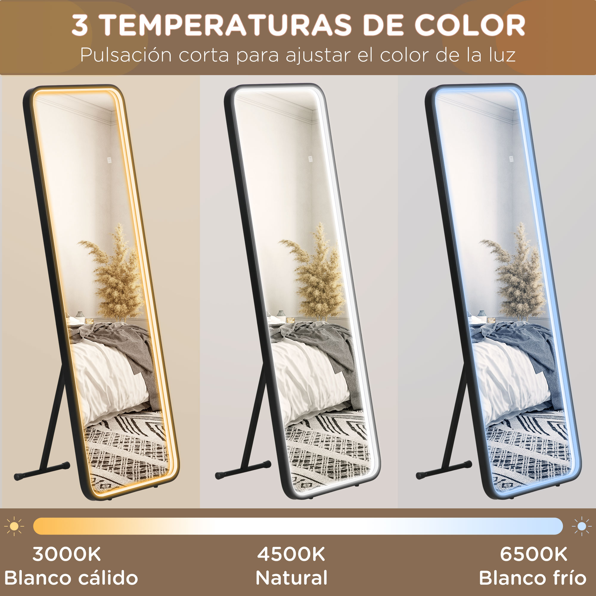 Tres espejos mostrando diferentes colores de luz: blanco cálido, natural y frío.