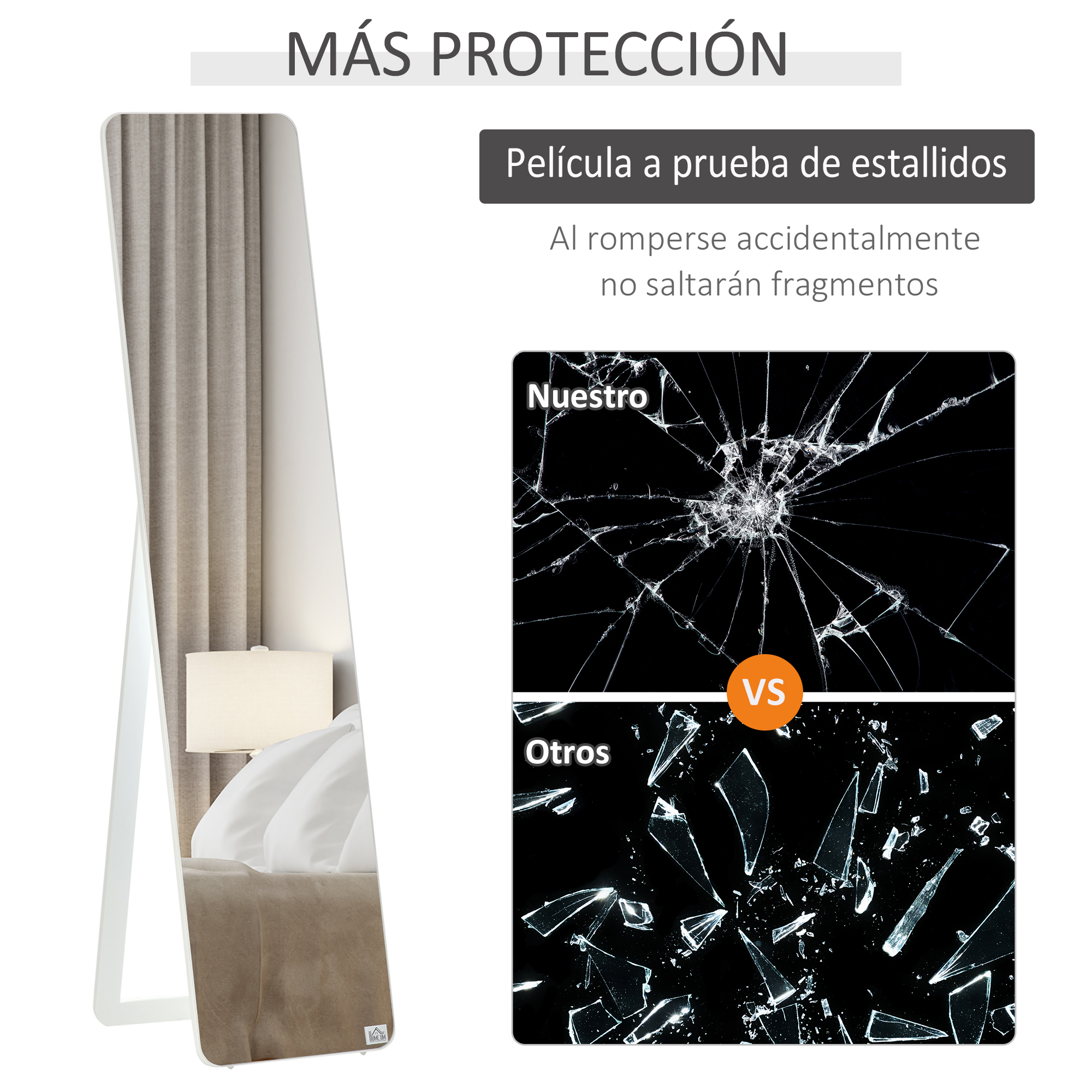 Un espejo con una cama al fondo y comparado con cristales rotos.