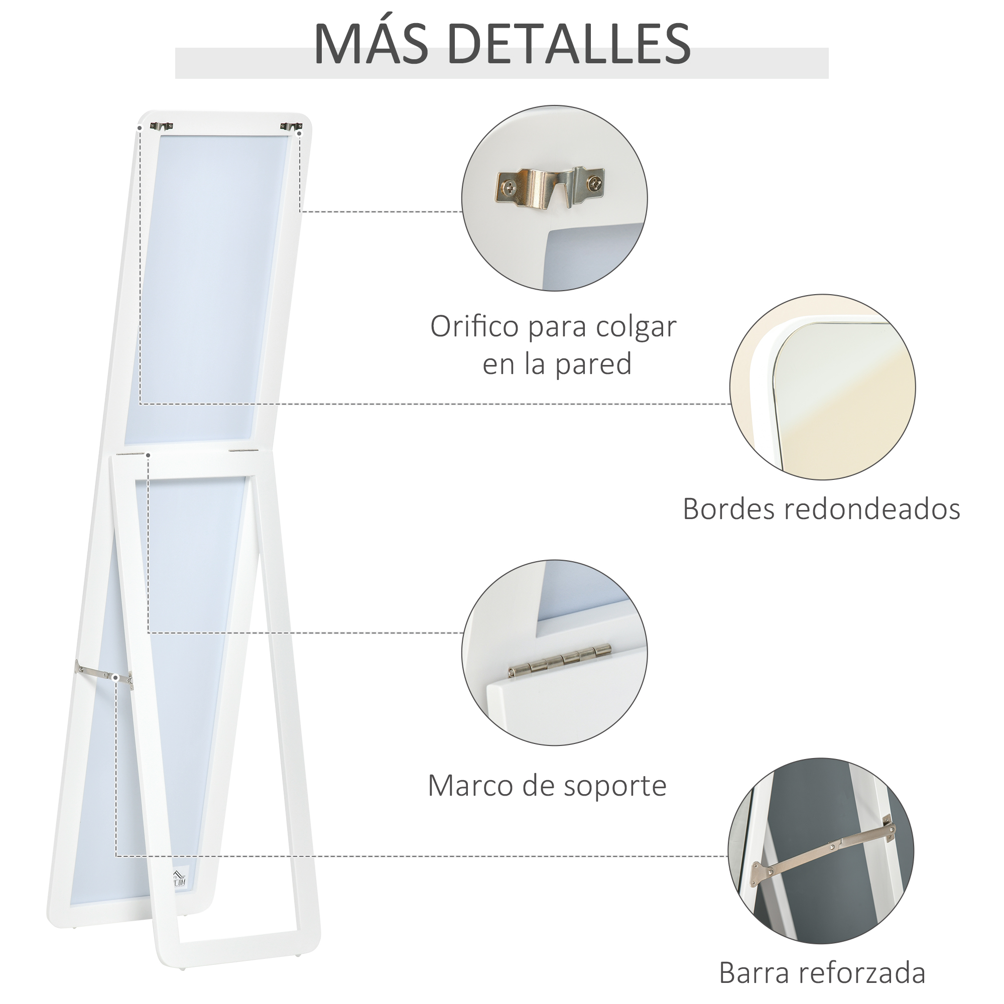 Un espejo de caballete blanco mostrando montaje en pared y borde curvo.