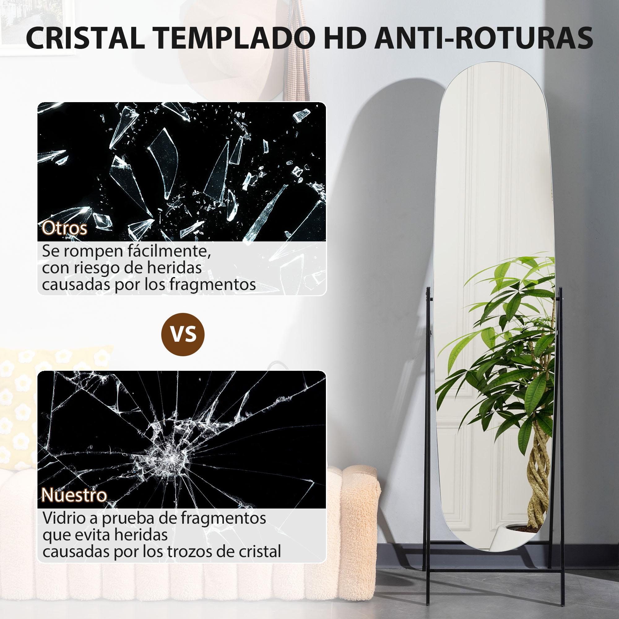 Comparación de vidrio roto: normal se rompe bruscamente, templado permanece intacto.
