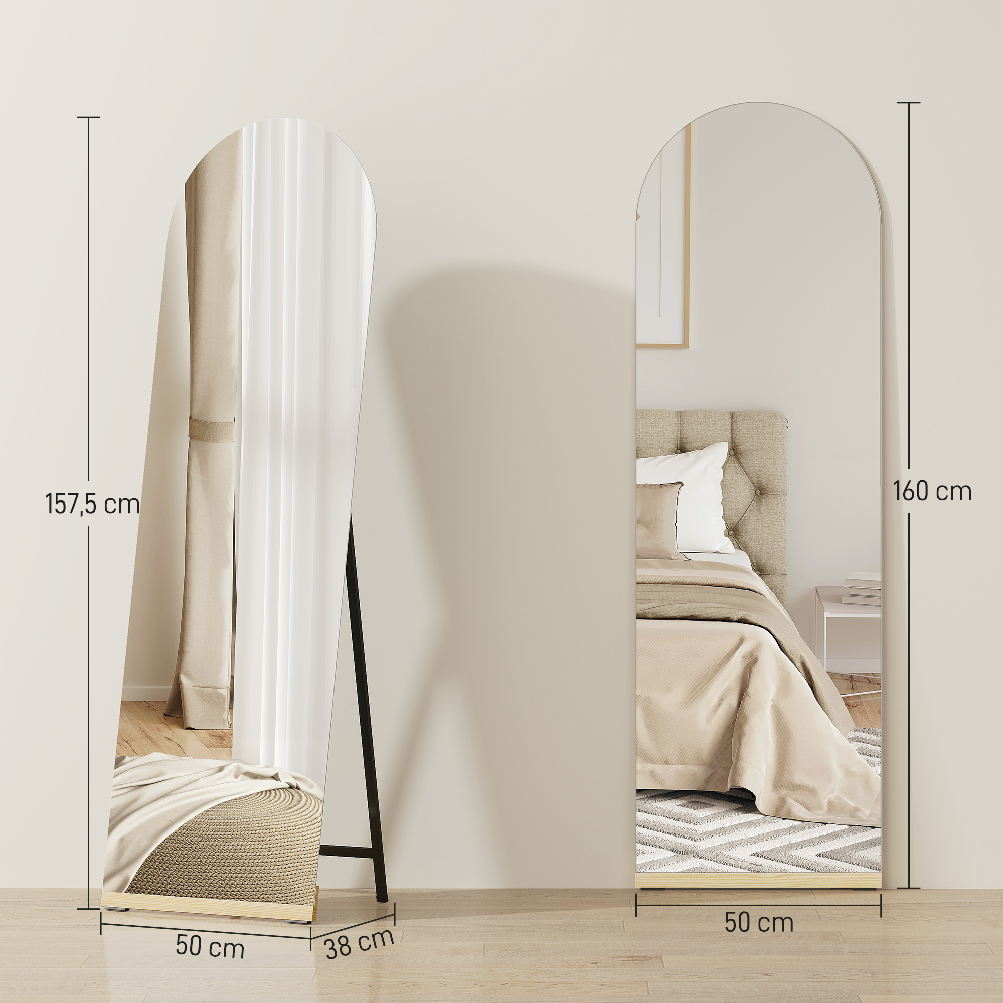 Dos espejos de pie arqueados en un dormitorio. Uno mide 157,5 cm.