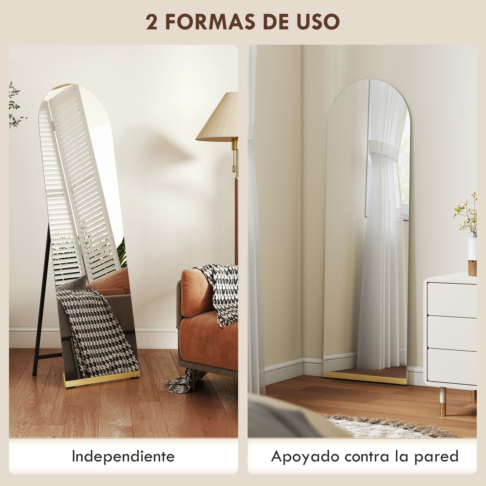 Dos usos de espejo: independiente con manta y apoyado pared.