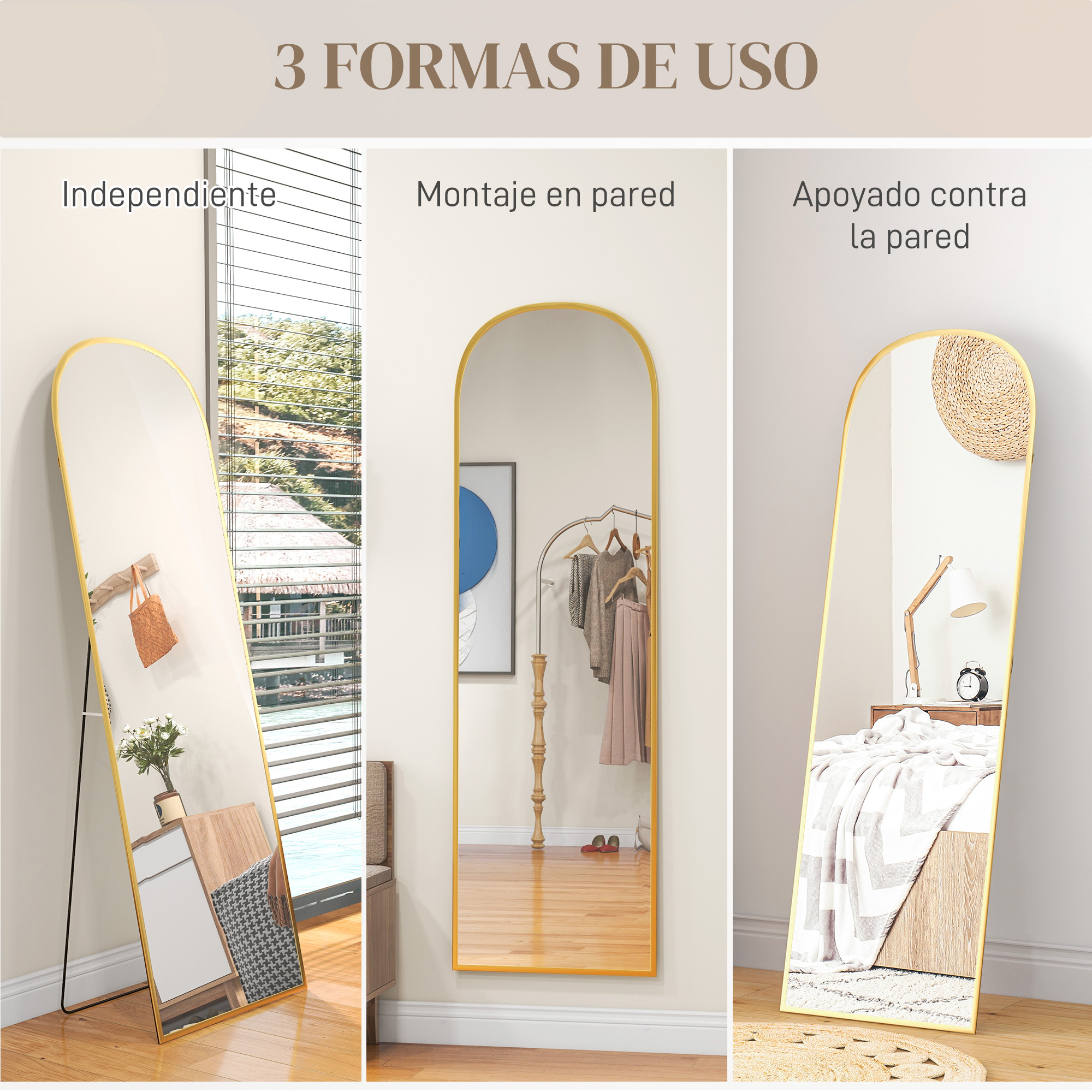 Tres espejos dorados muestran diferentes colocaciones: de pie, colgados en pared, apoyados.