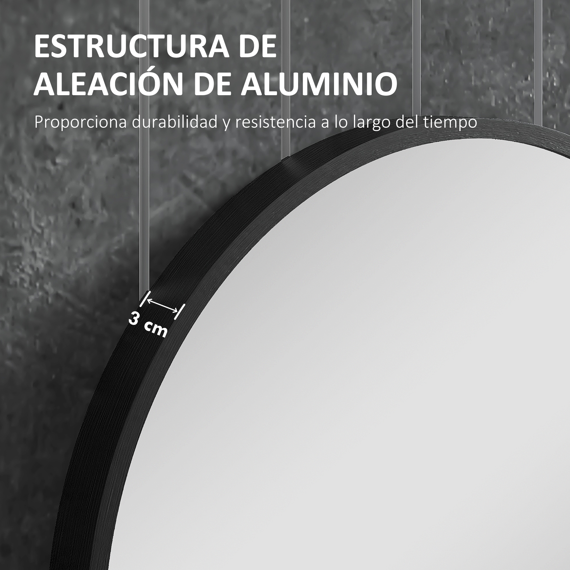 Espejo redondo con marco negro, 3cm de ancho, aleación de aluminio.