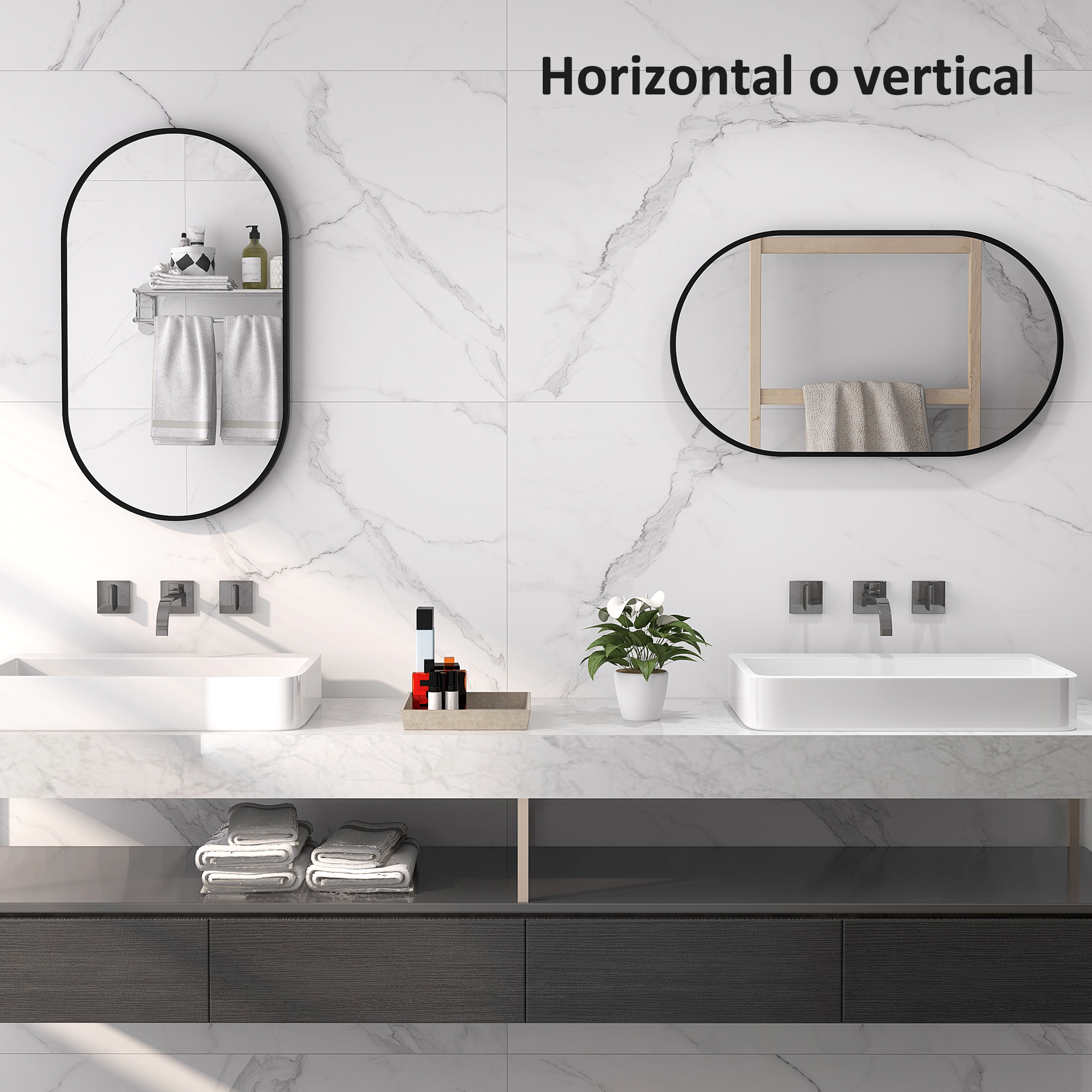Un baño moderno con azulejos de mármol, dos lavabos y espejos.