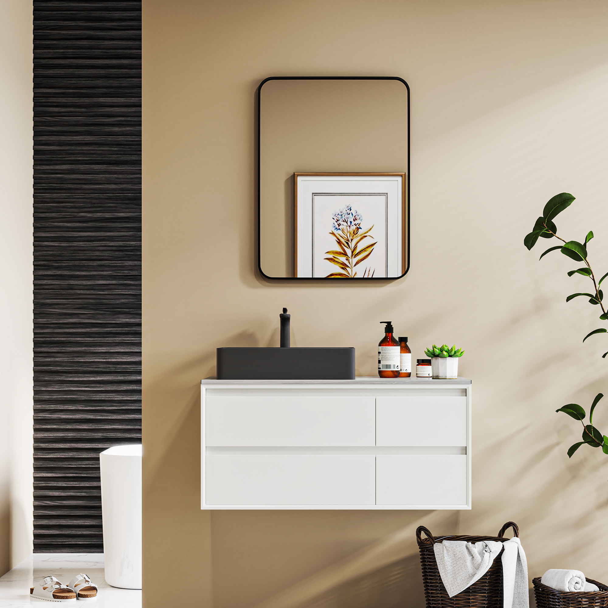 Baño moderno con espejo de pared, lavabo y mueble blanco. Planta y cesta.