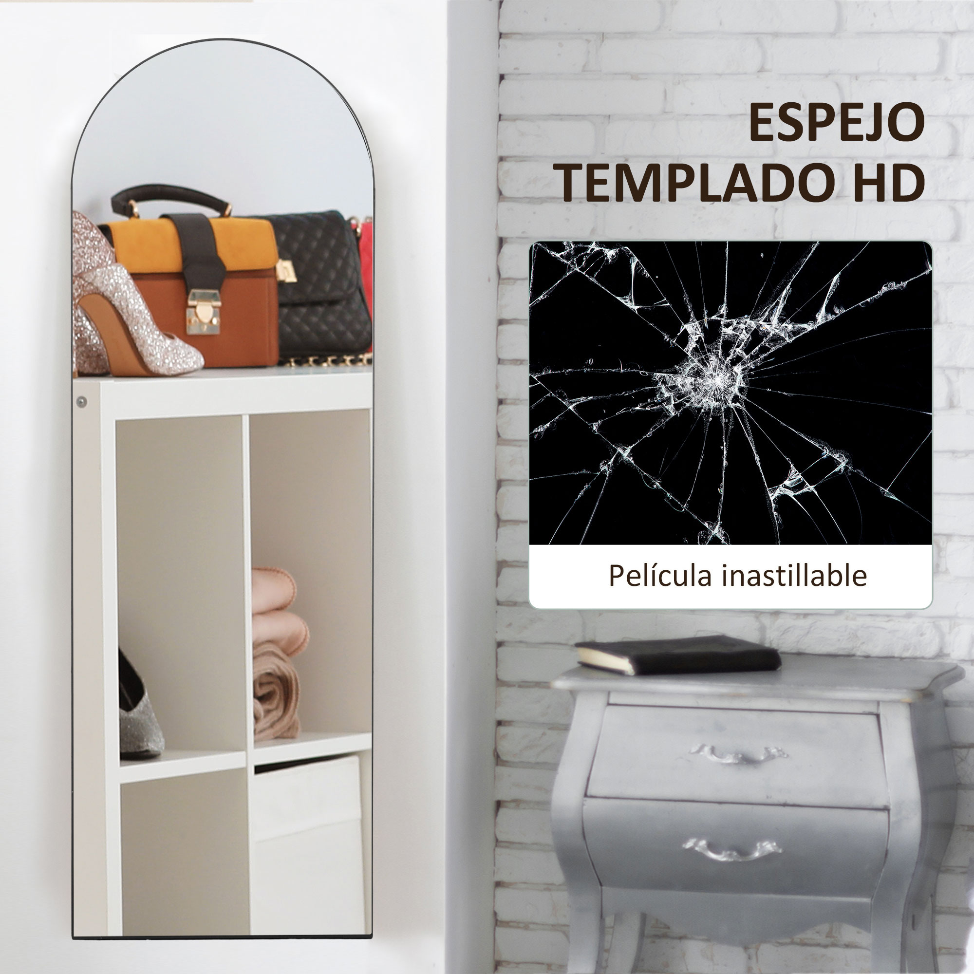 Un espejo arqueado con estantes que muestran bolsos y zapatos. Al lado, una mesita de noche con imagen de cristal roto.