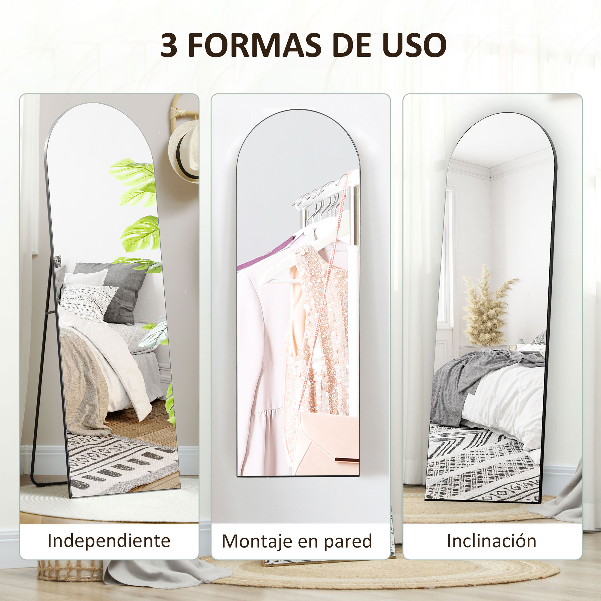 Tres espejos muestran un dormitorio, ropa y una cama con mantas.