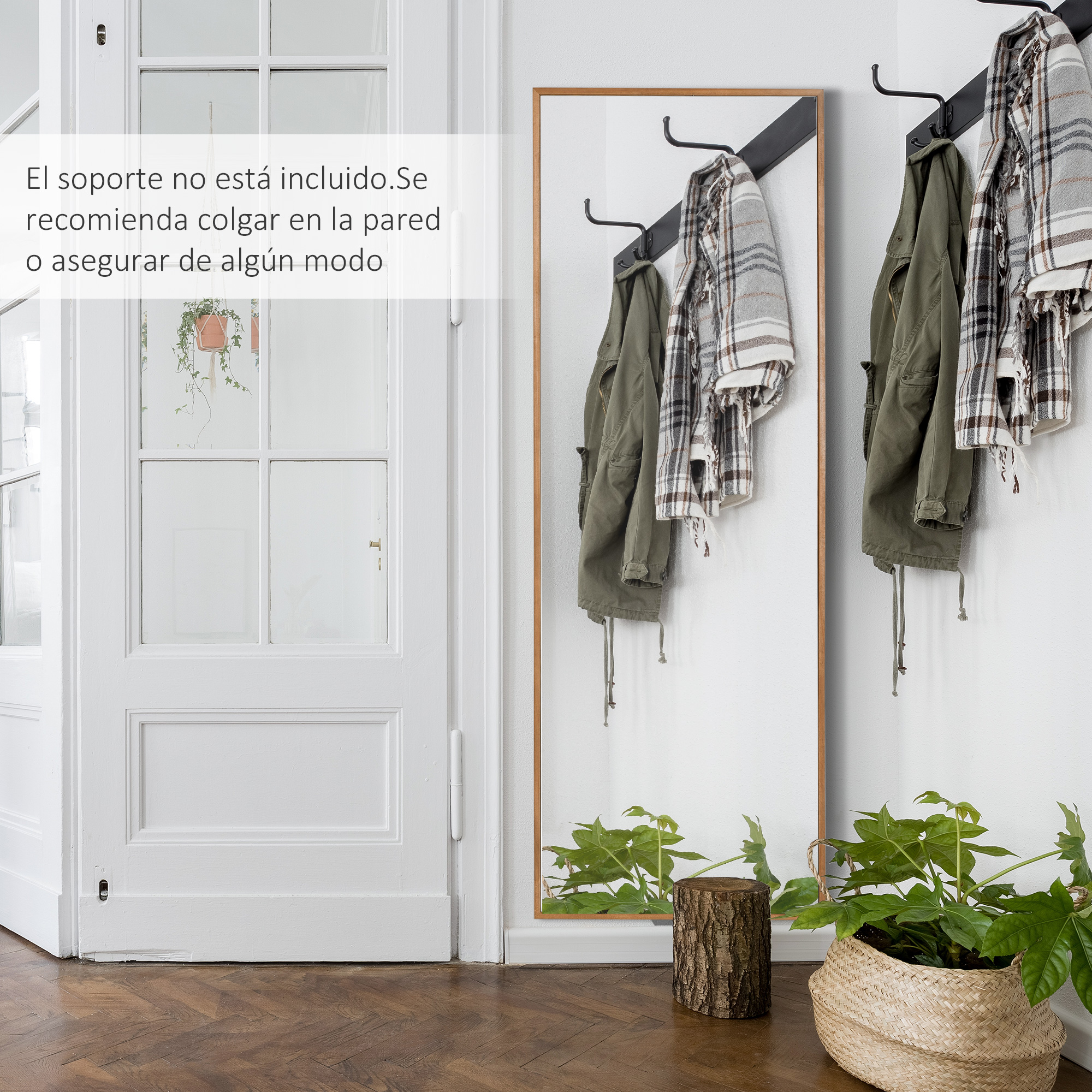 Puerta blanca, espejo con ropa y plantas. Suelo de madera.
