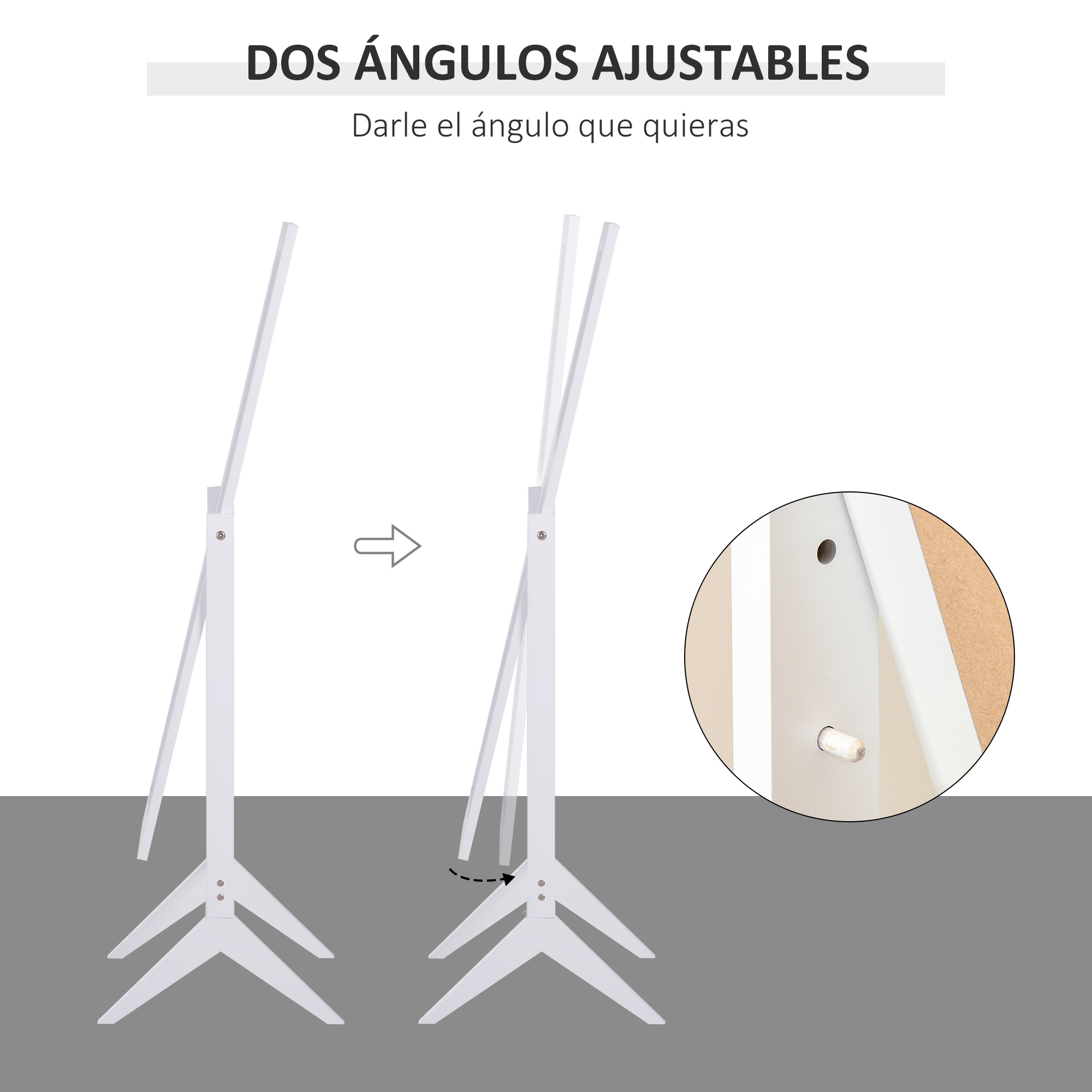 Dos soportes blancos ajustables con flechas que indican movimiento.
