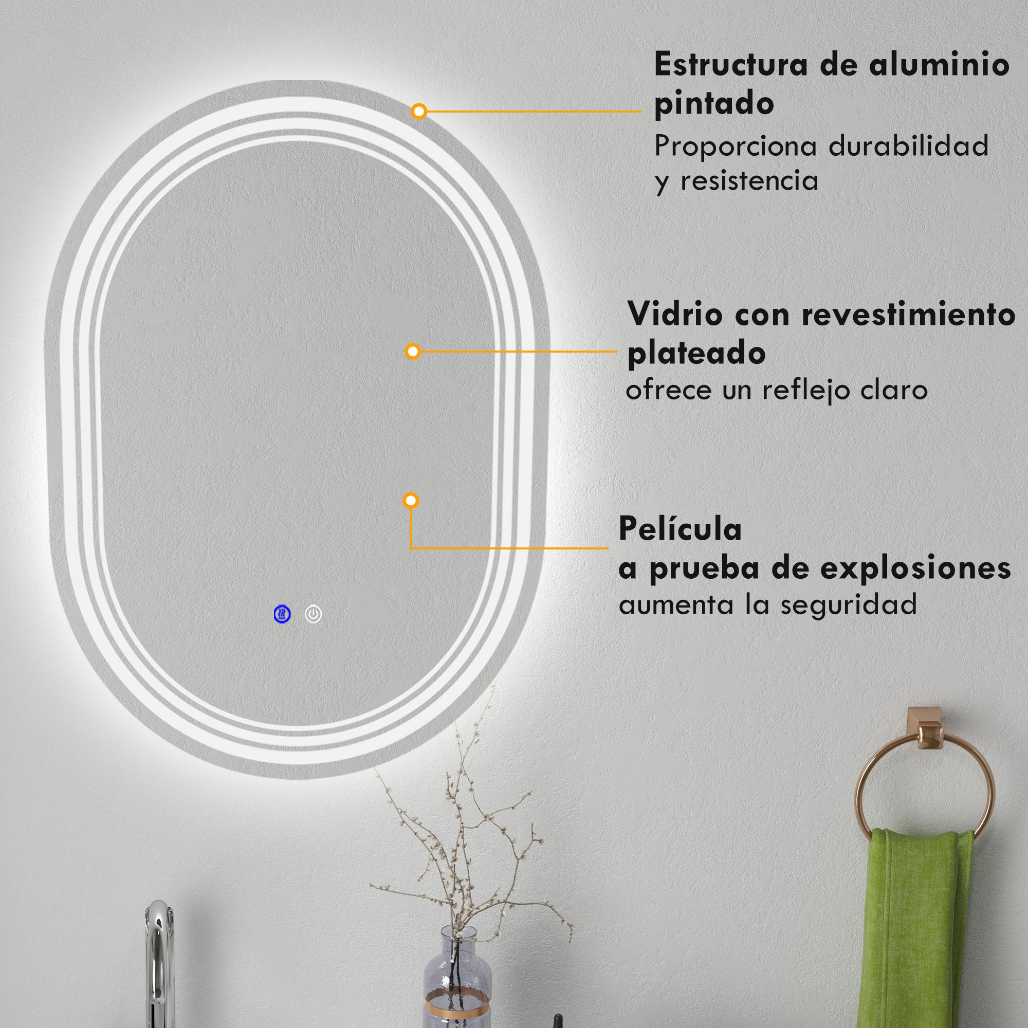 Un espejo ovalado con iluminación LED y etiquetas de materiales.