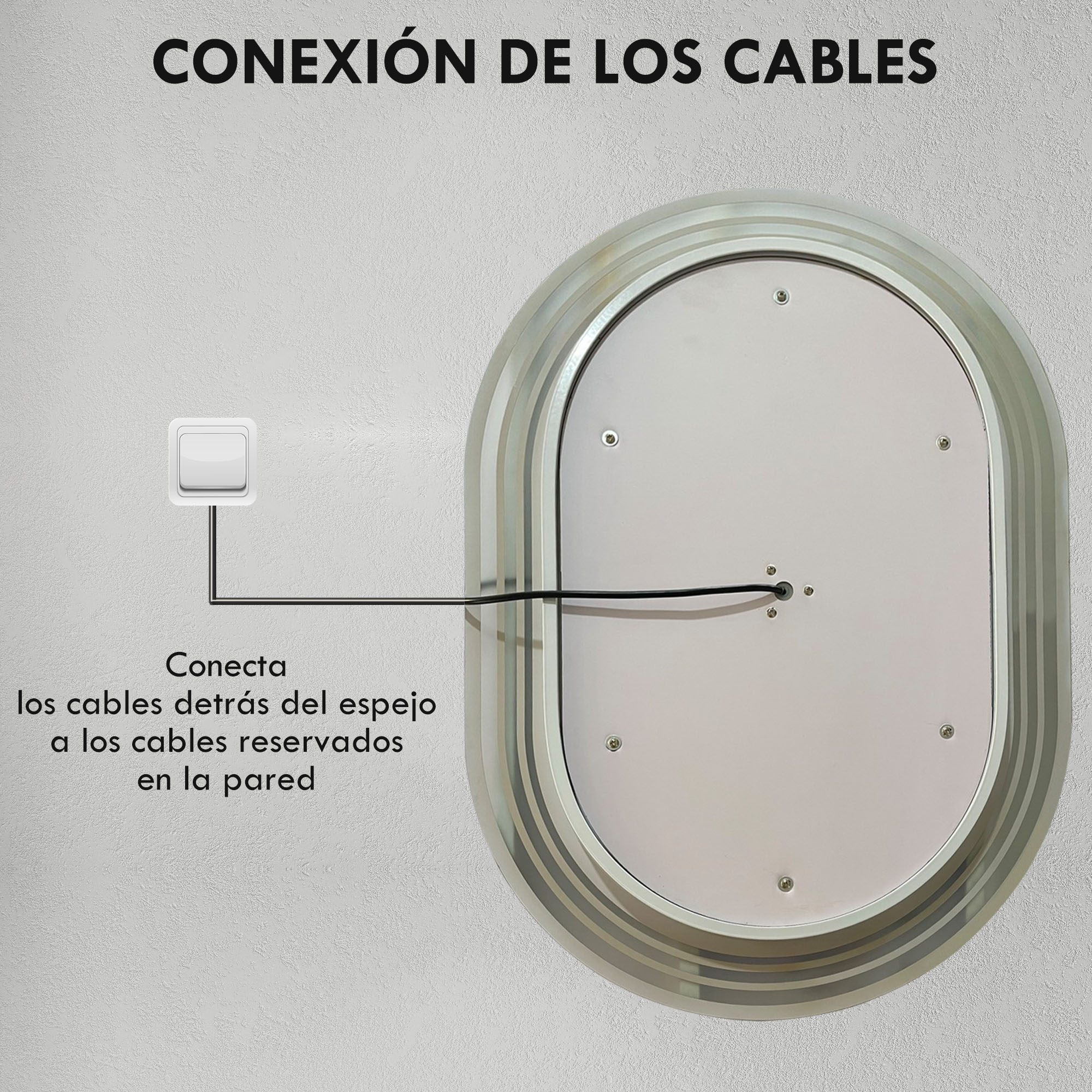 Un interruptor blanco se conecta por cable al espejo ovalado en la pared.