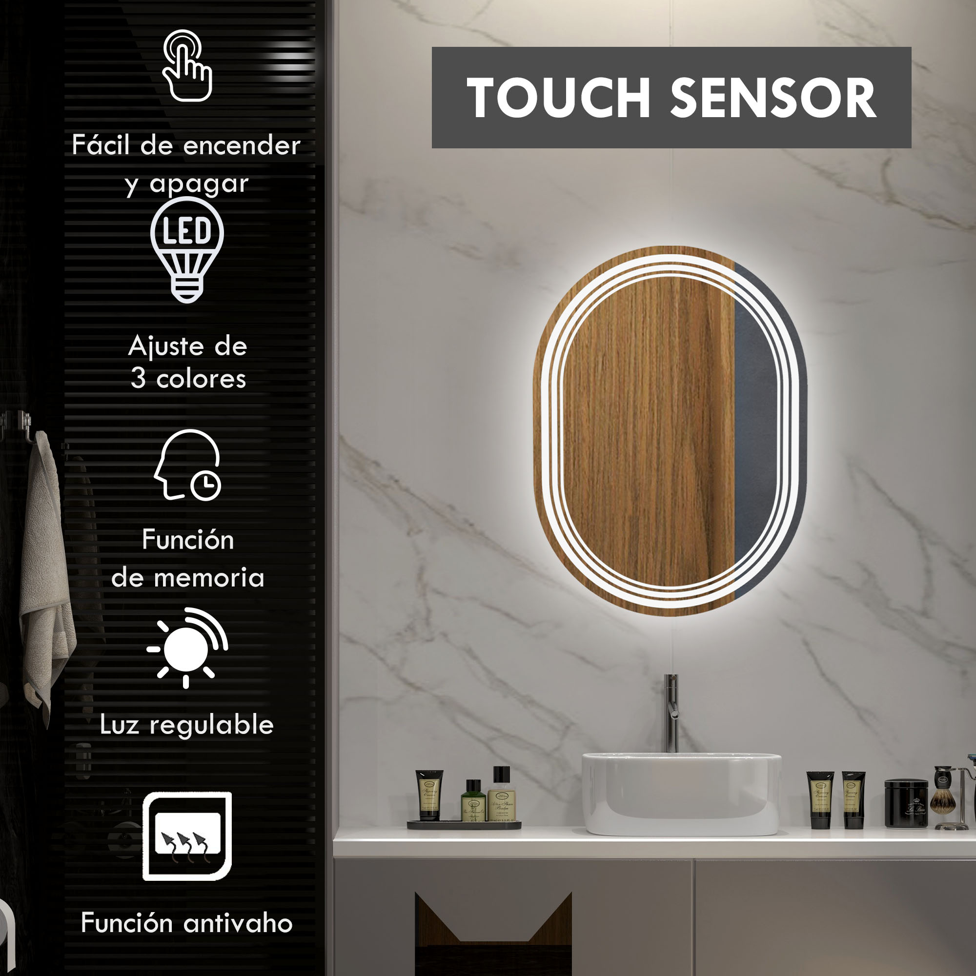 Espejo ovalado con acabado de madera y sensor táctil en baño. Luz con función de ajuste.