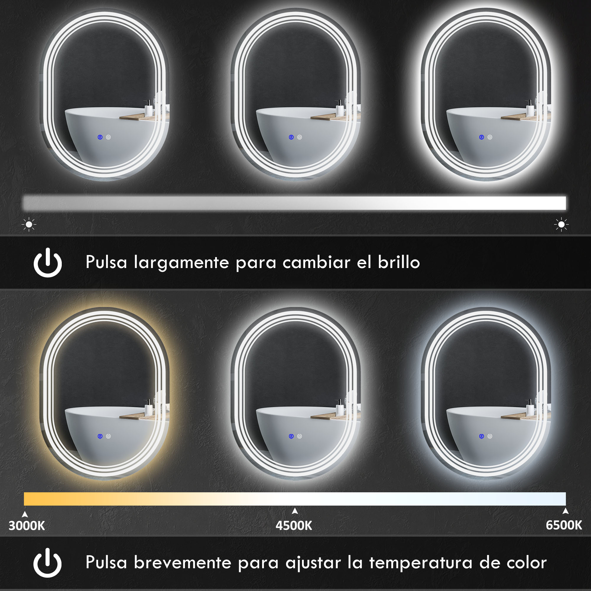 Espejo ovalado con iluminación LED, brillo y temperatura de color ajustables.