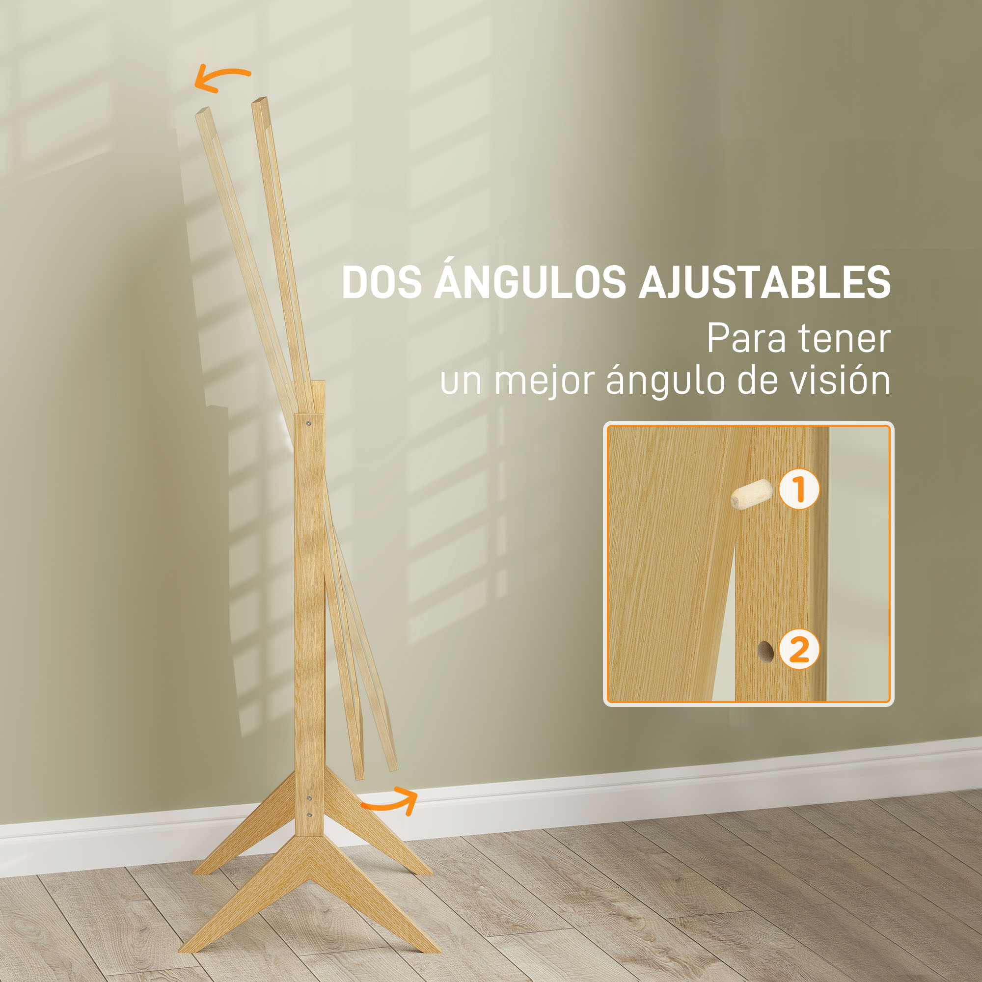 Un soporte de madera clara con patas ajustables se apoya en un suelo de madera.