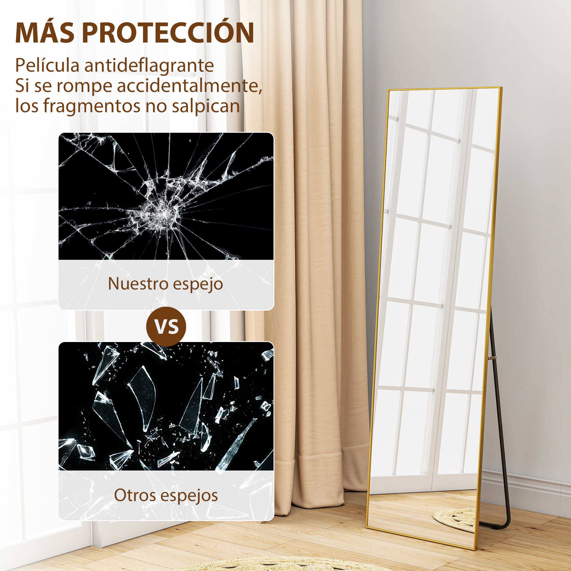Un espejo alto con marco dorado está junto a cortinas beige. A la izquierda se muestran espejos rotos.