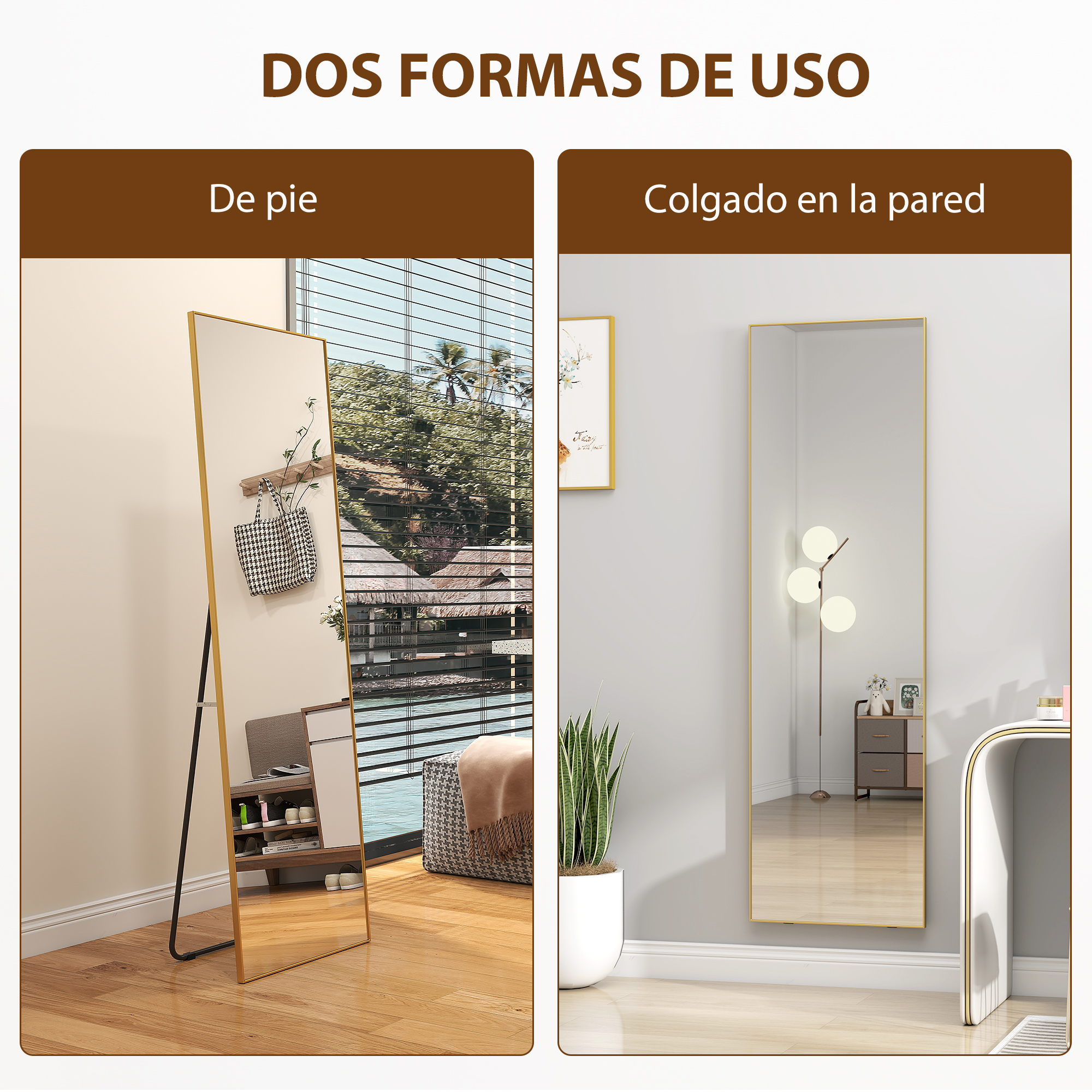 Espejo de cuerpo entero de pie y montado en pared. Izq: de pie con bolsos. Der: montado en pared.
