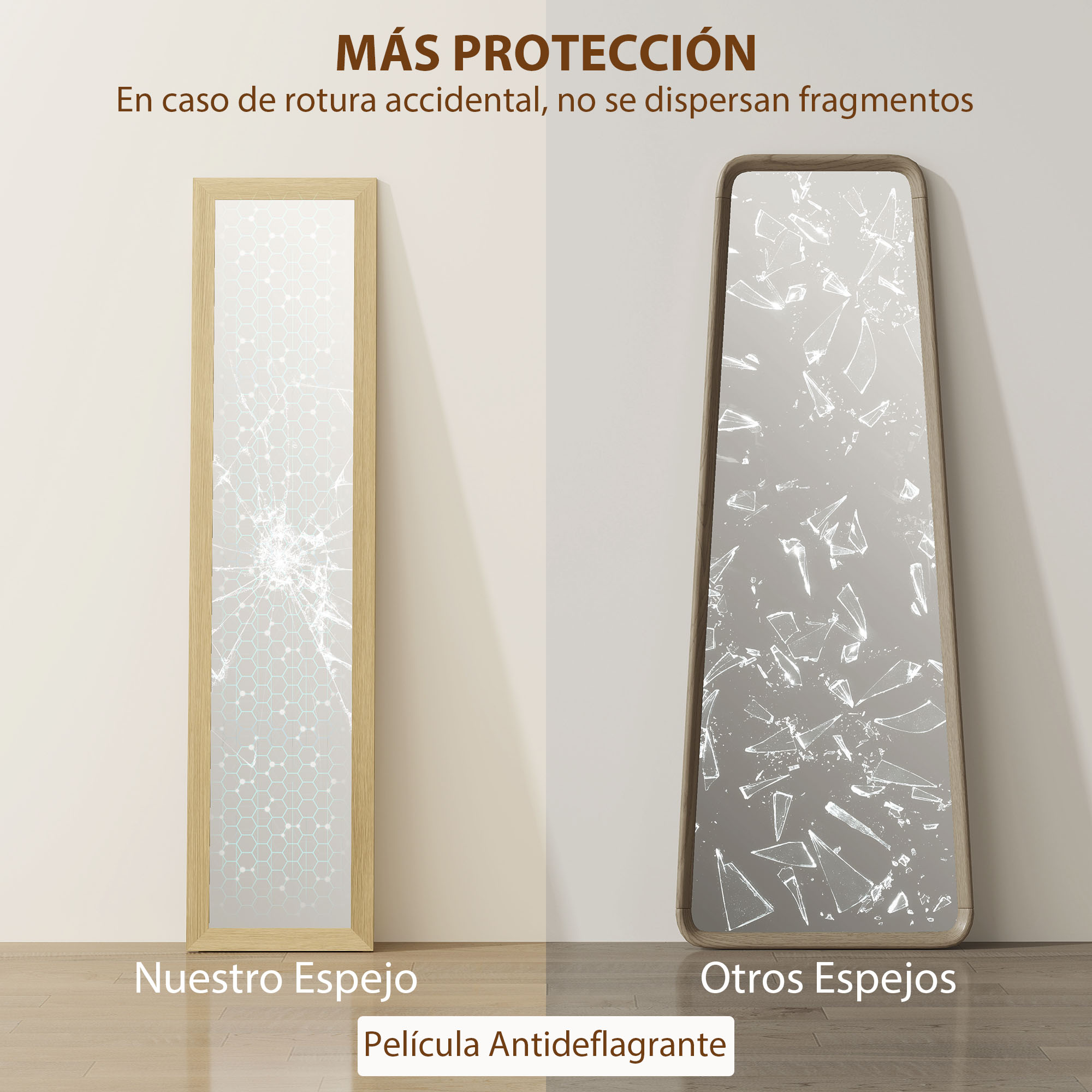 Dos espejos uno al lado del otro: uno intacto, el otro roto. "Más Protección".