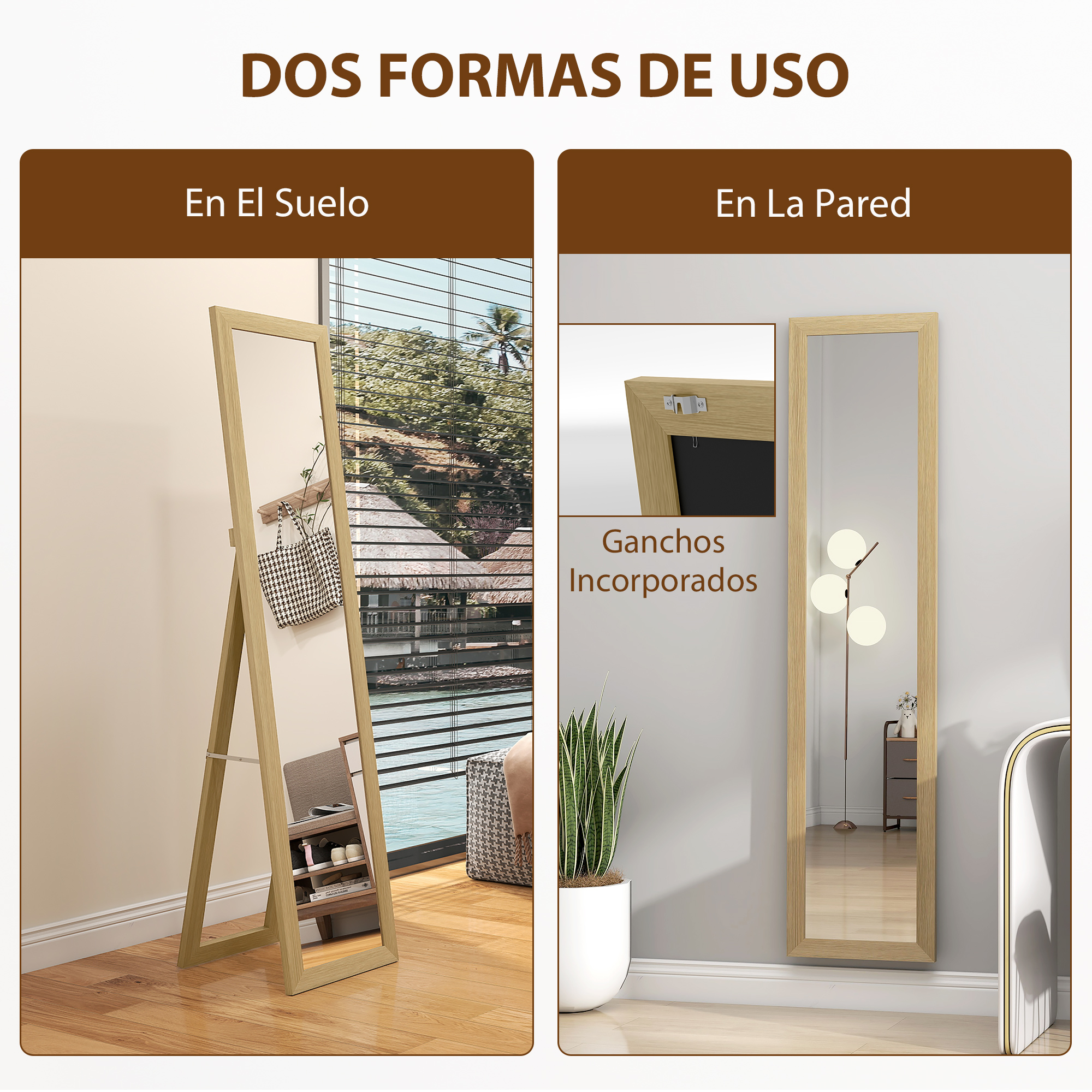 Un espejo de pie con zapatos y un espejo de pared con ganchos.