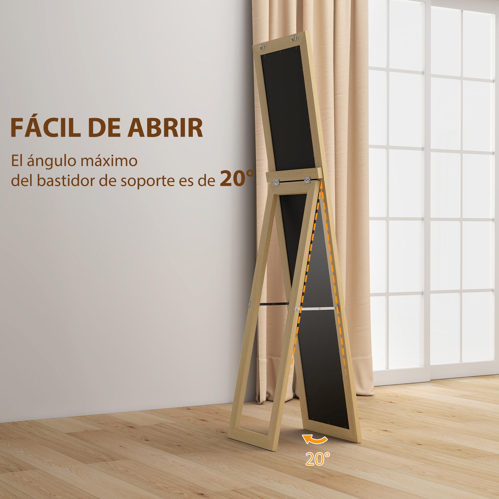 Un espejo sobre un soporte de madera, abriéndose a 20 grados.