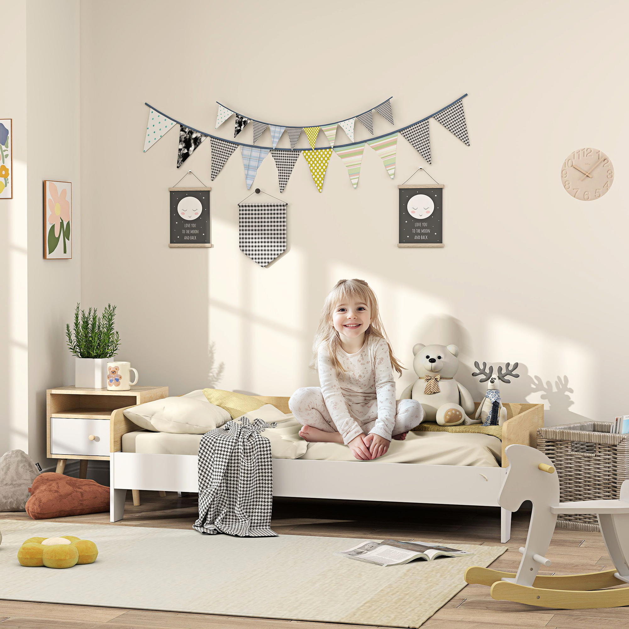 Una niña se sienta en una cama en una habitación infantil con juguetes y decoraciones.