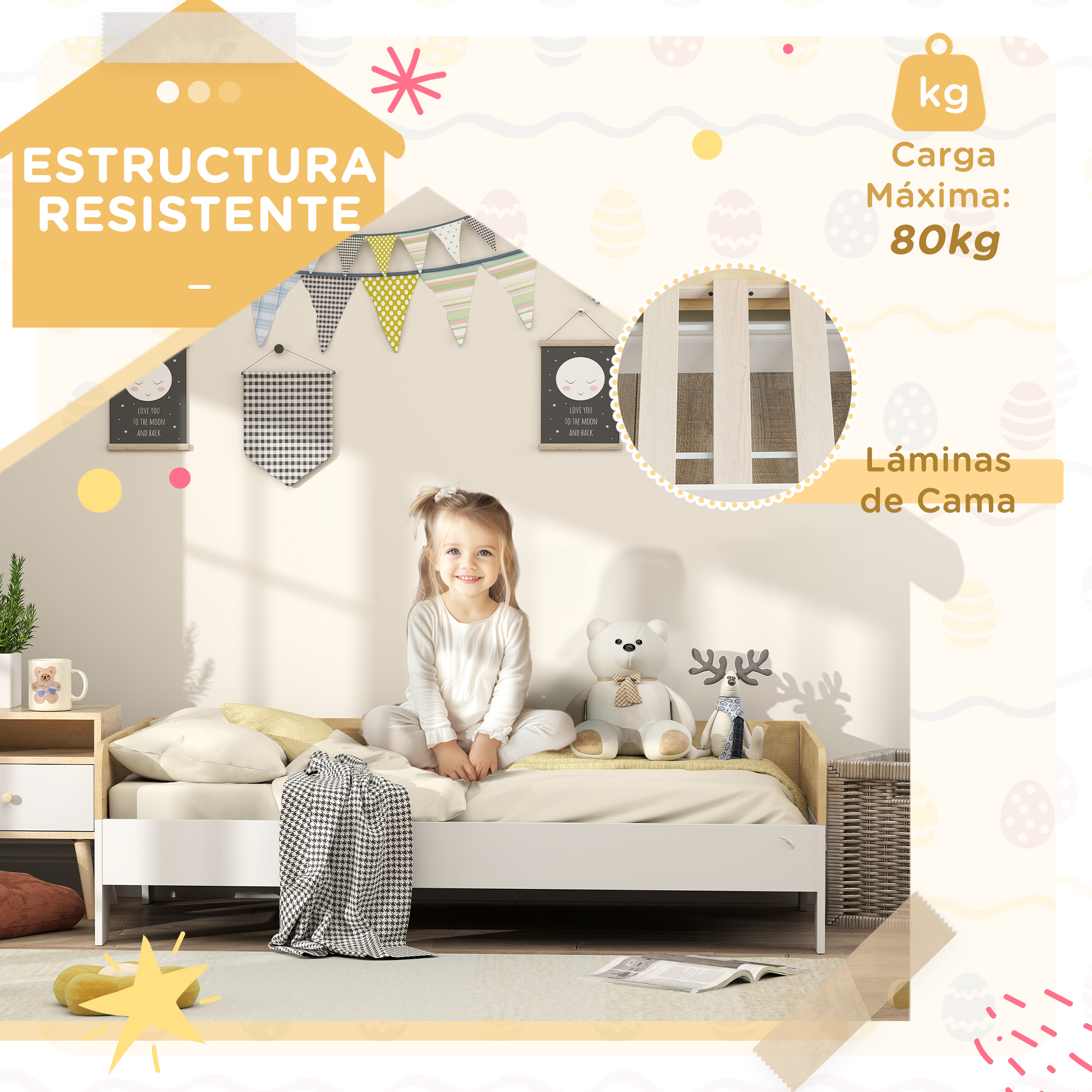 Una niña se sienta en una cama. Se ven decoraciones y texto.