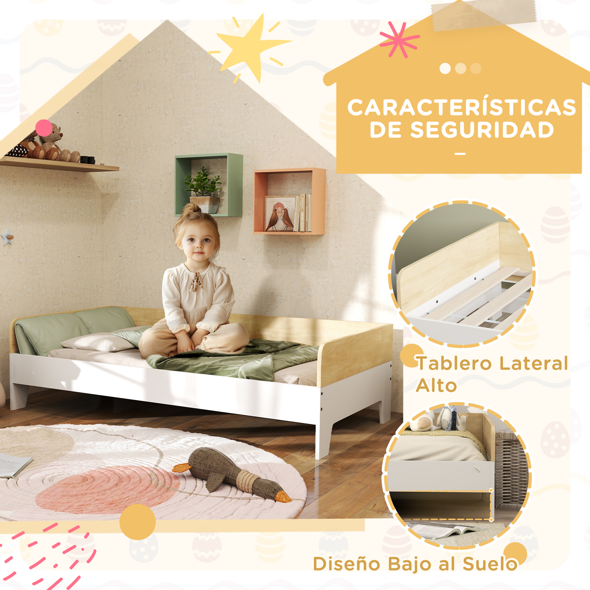 Una niña se sienta en una cama blanca con borde de madera, juguetes blandos cerca.