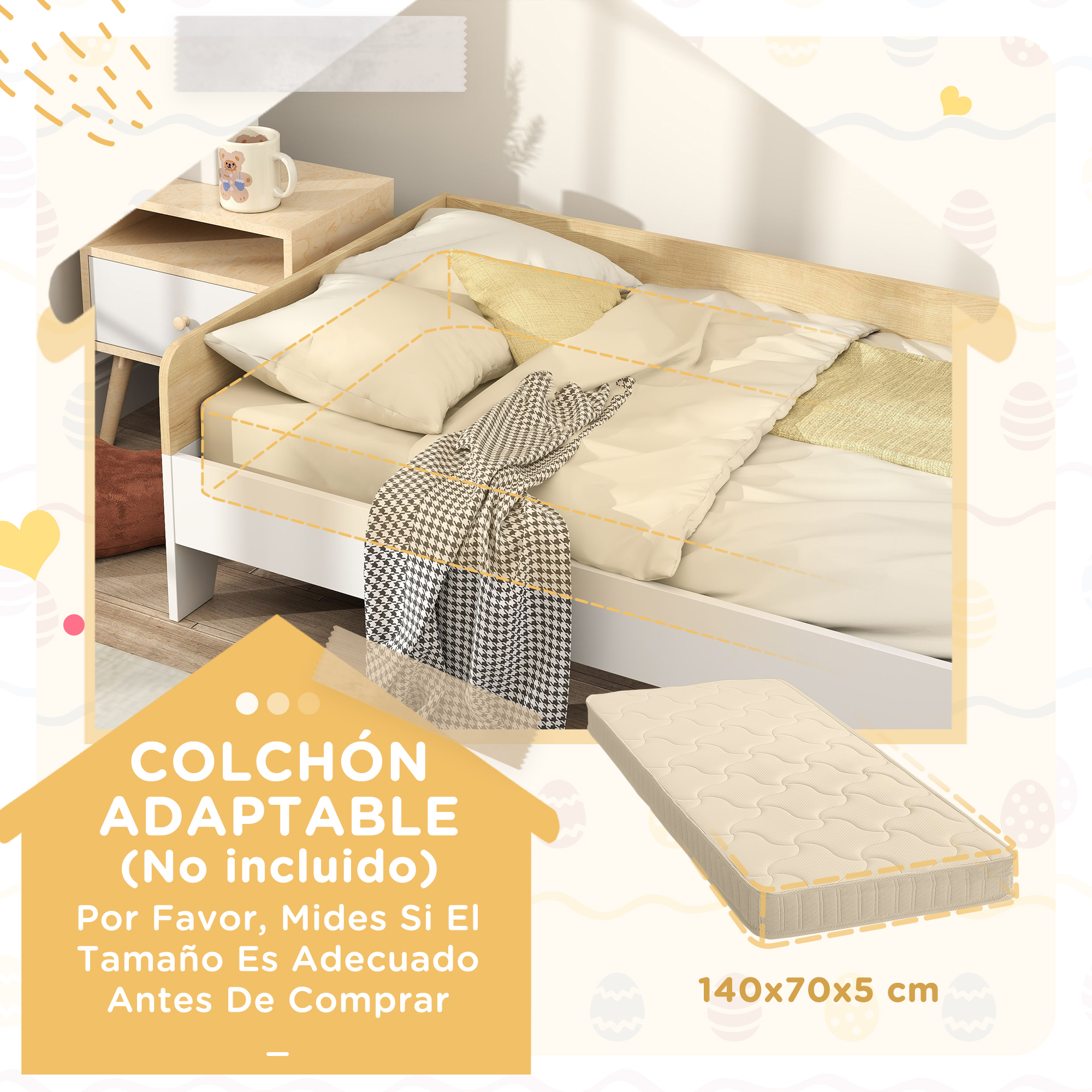 Una cama infantil con cojines, manta y mesita de noche. Un colchón al lado.