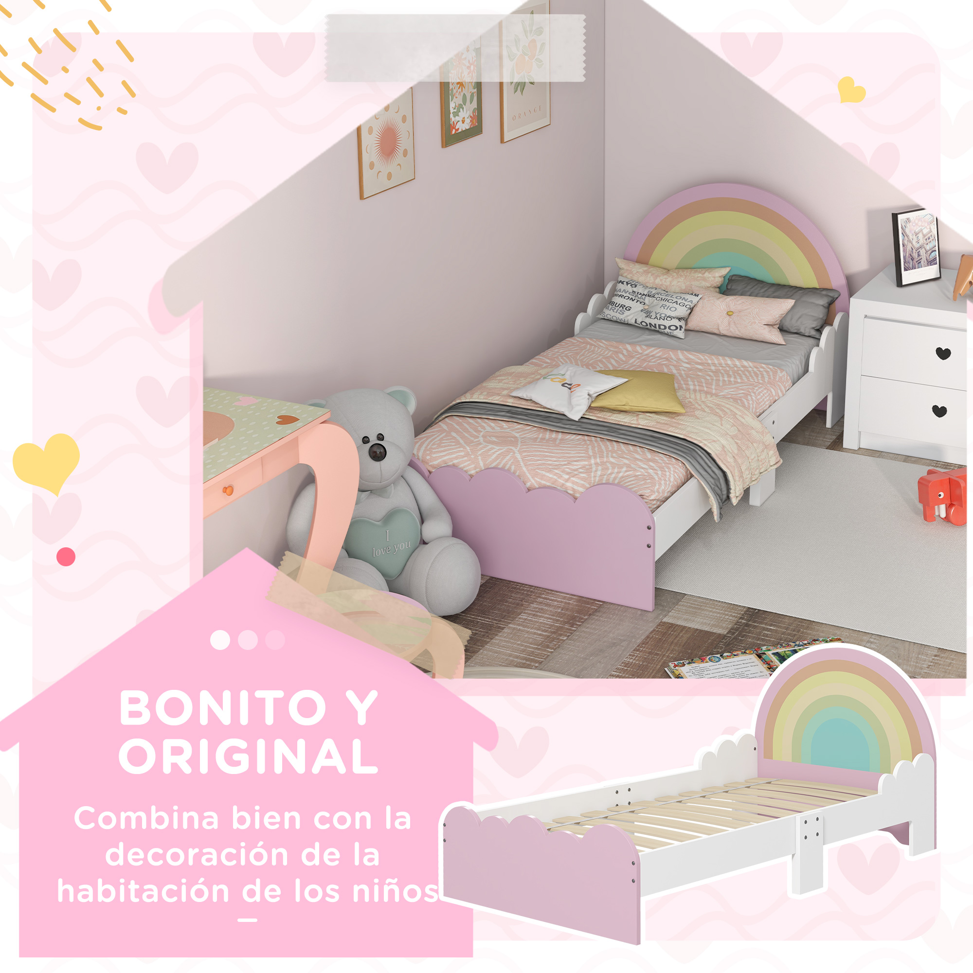 Habitación infantil con cama, escritorio y oso de peluche. Decoración.