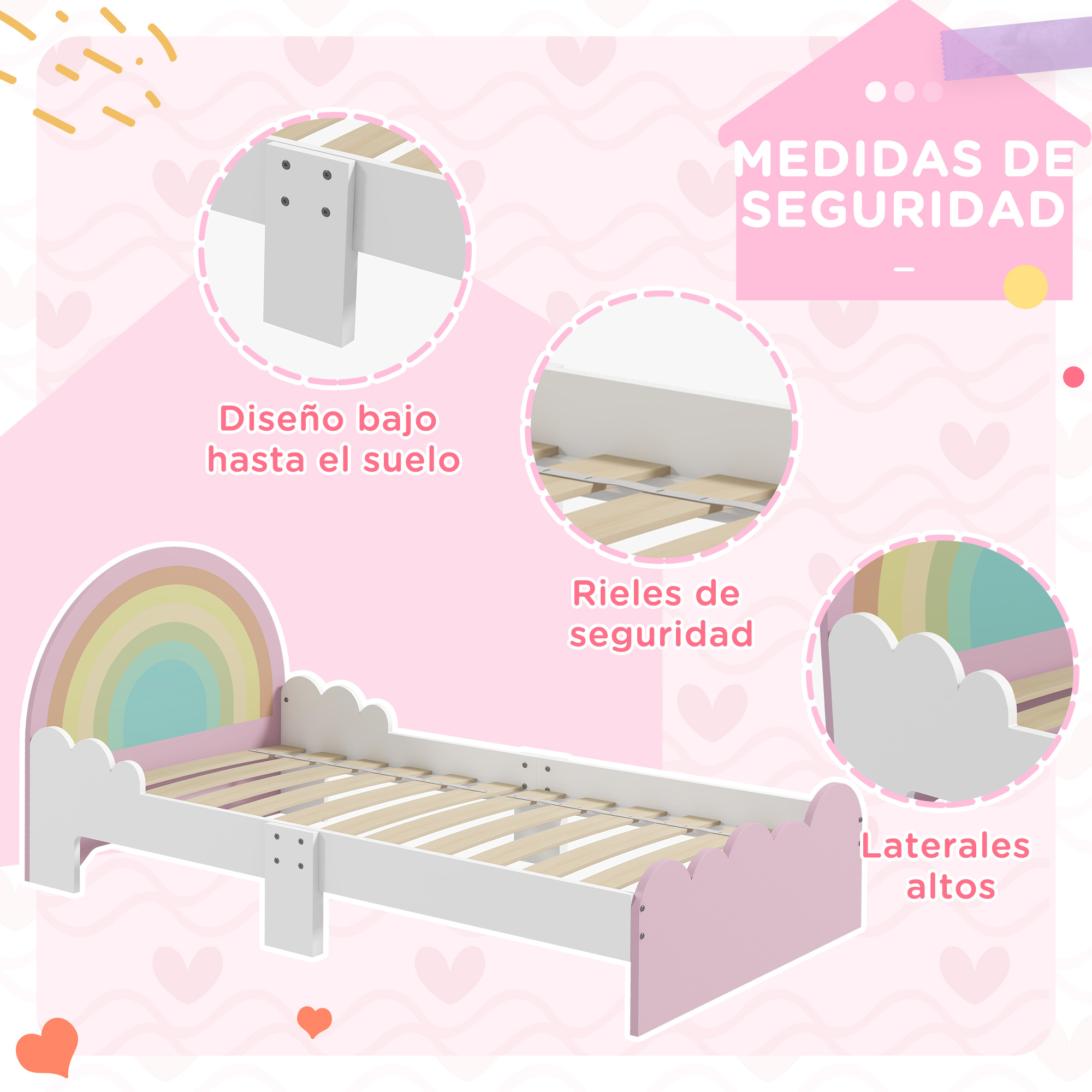 Cama infantil con cabecero de arcoíris y forma de nube, diseño bajo, laterales altos.