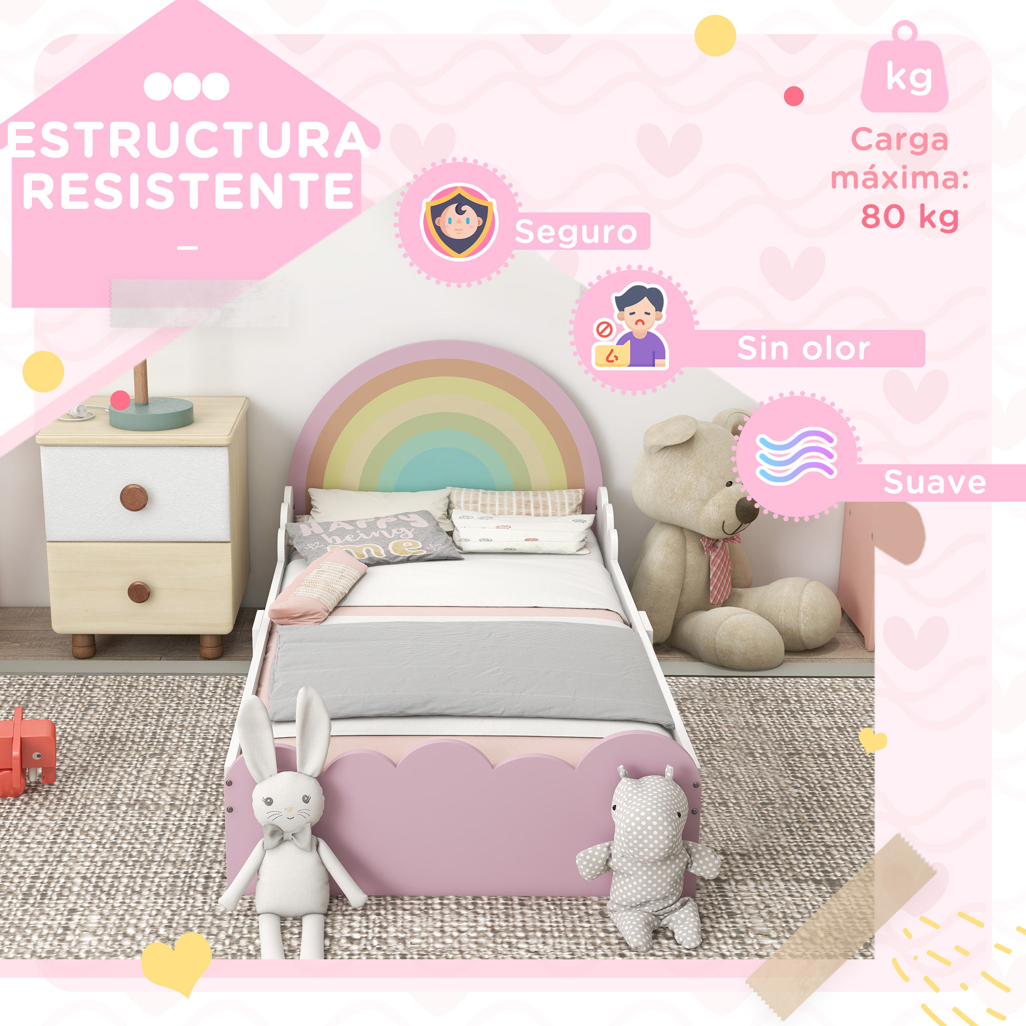 Cama infantil con cabecero de arcoíris, oso de peluche, peluches de conejo e hipopótamo.