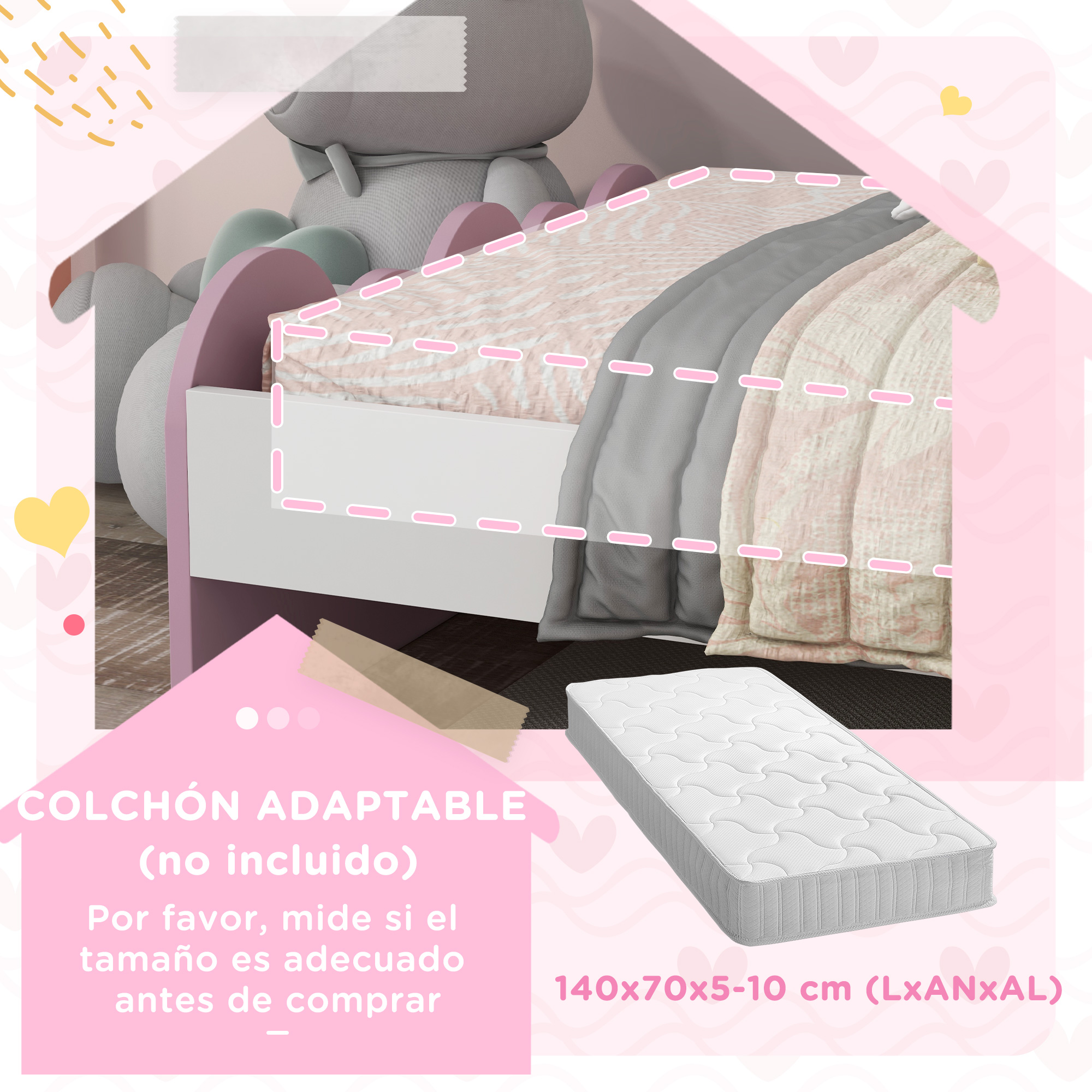 Un colchón blanco con ropa de cama gris y rosa en una cama infantil.