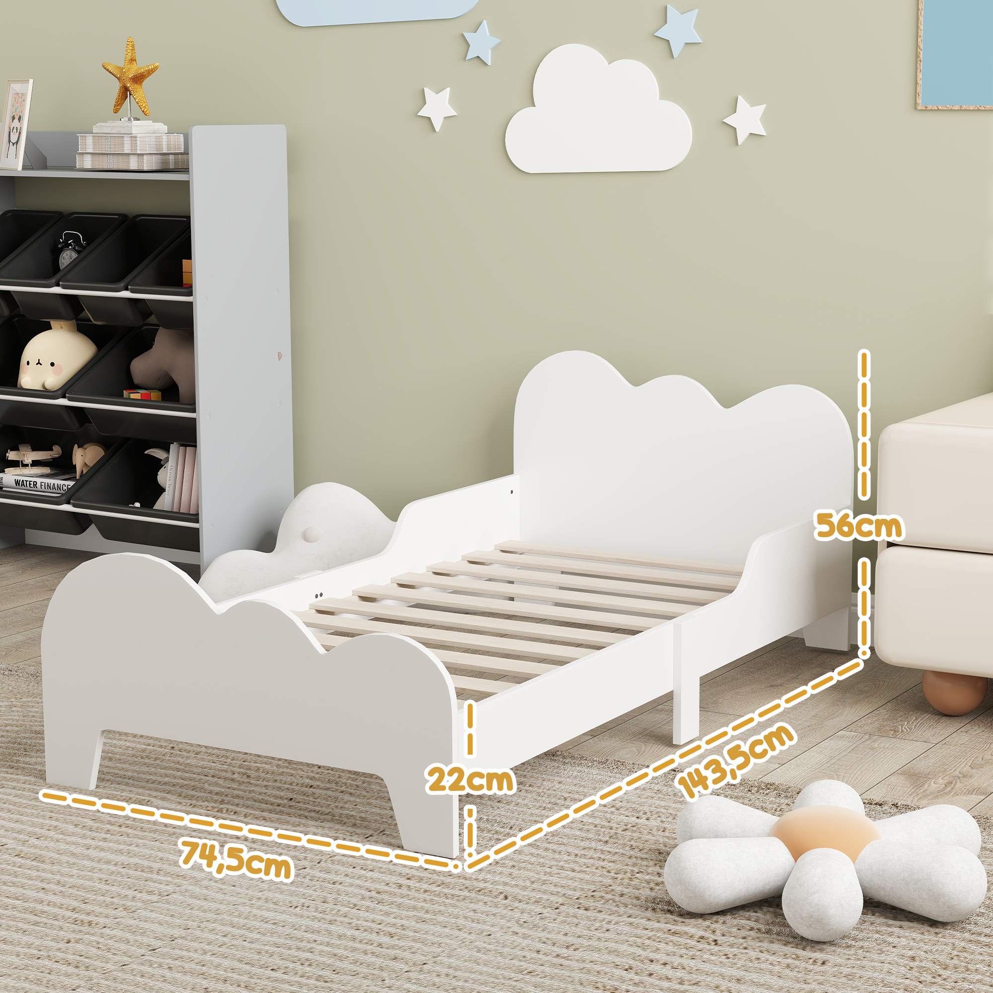Una cama infantil blanca con forma de nube, se muestran las medidas.