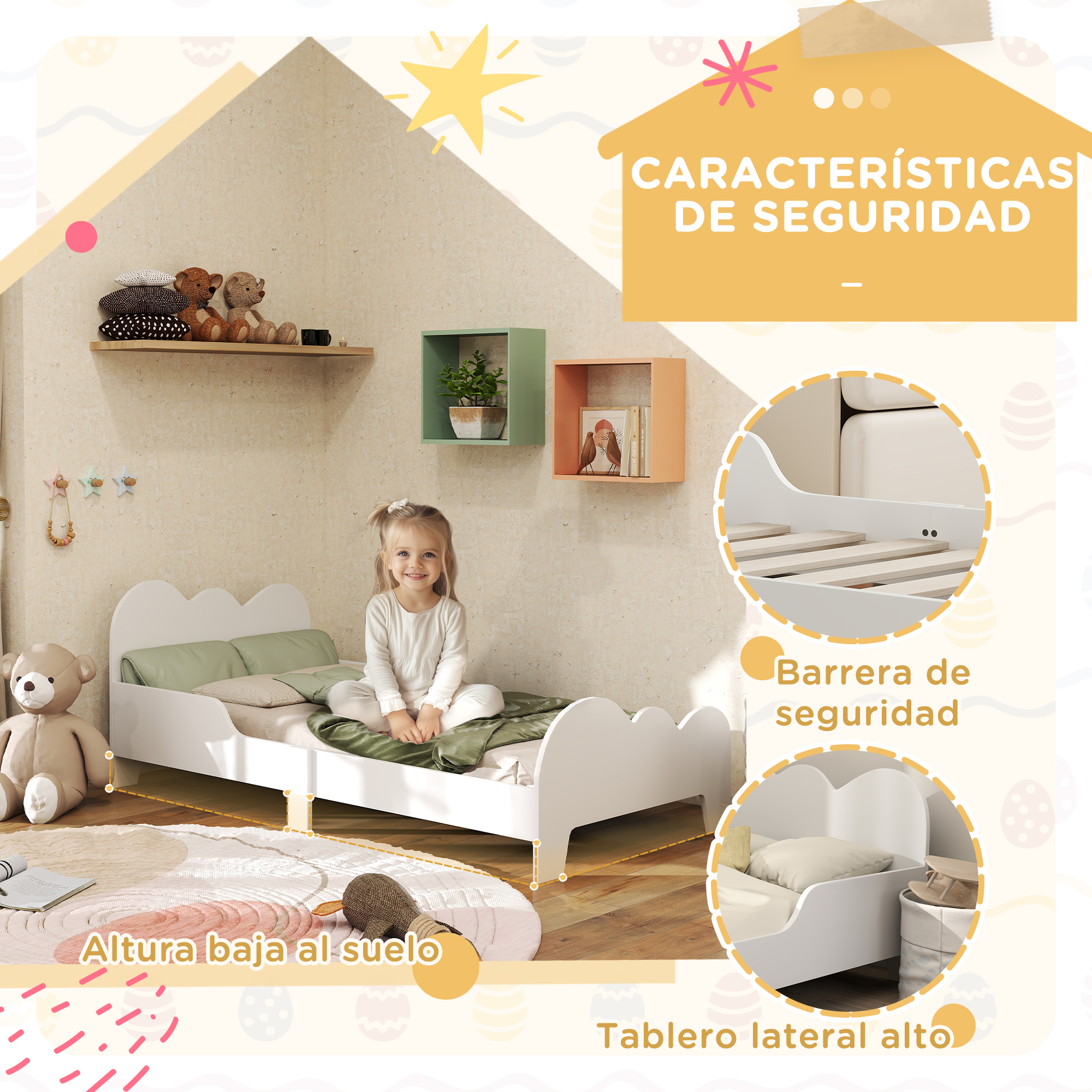 Una niña sentada en una cama blanca con osito de peluche y almohadas. Estantes arriba.