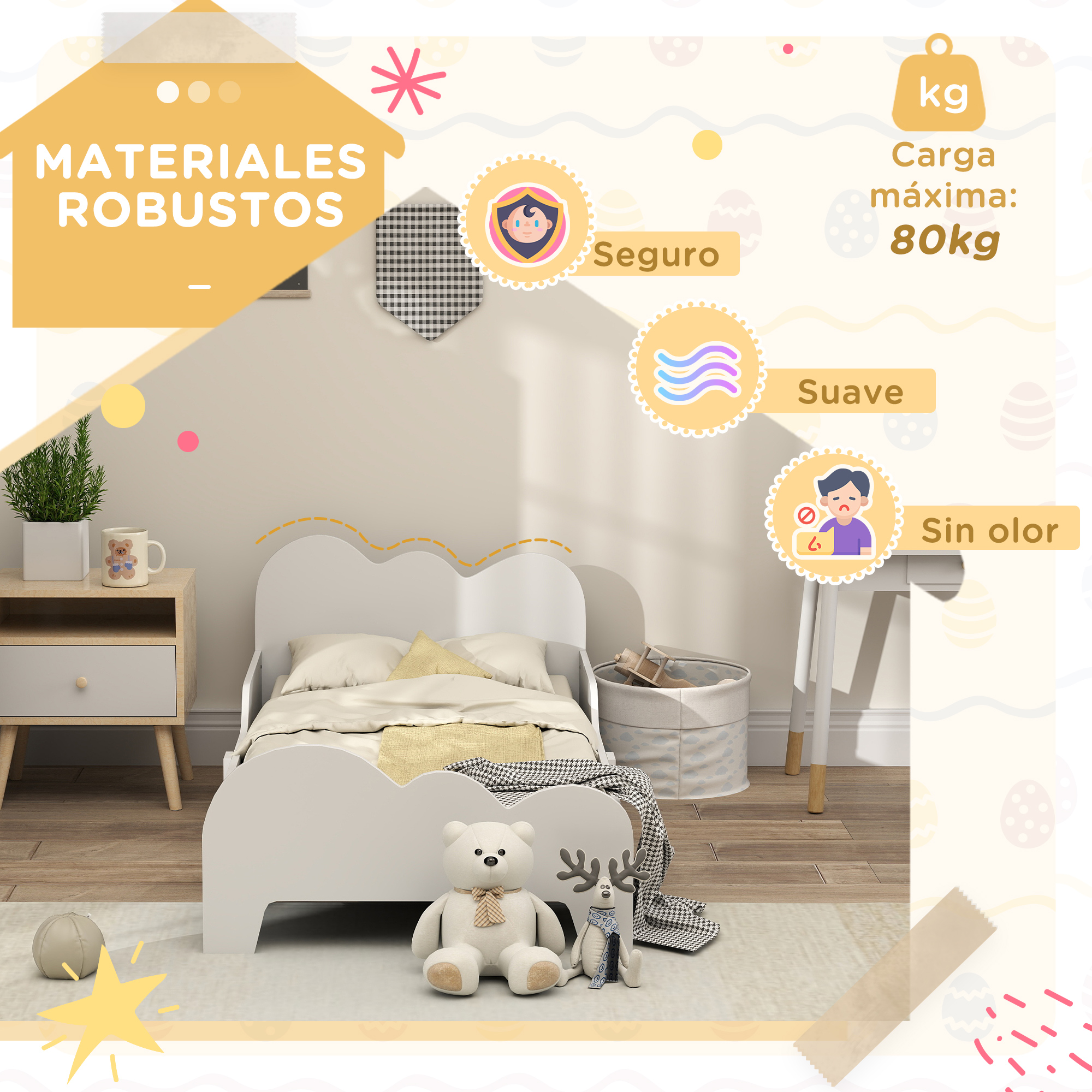 Cama infantil con osito y reno de peluche, mesita de noche con planta.