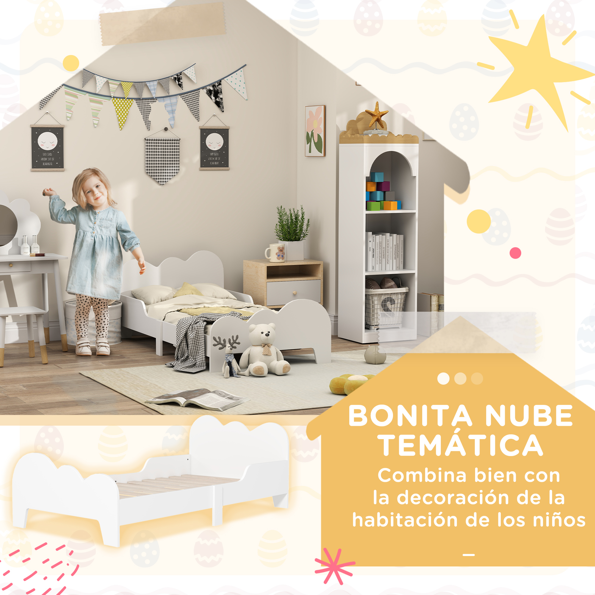 Habitación infantil con cama nube, osito, juguetes y decoraciones.
