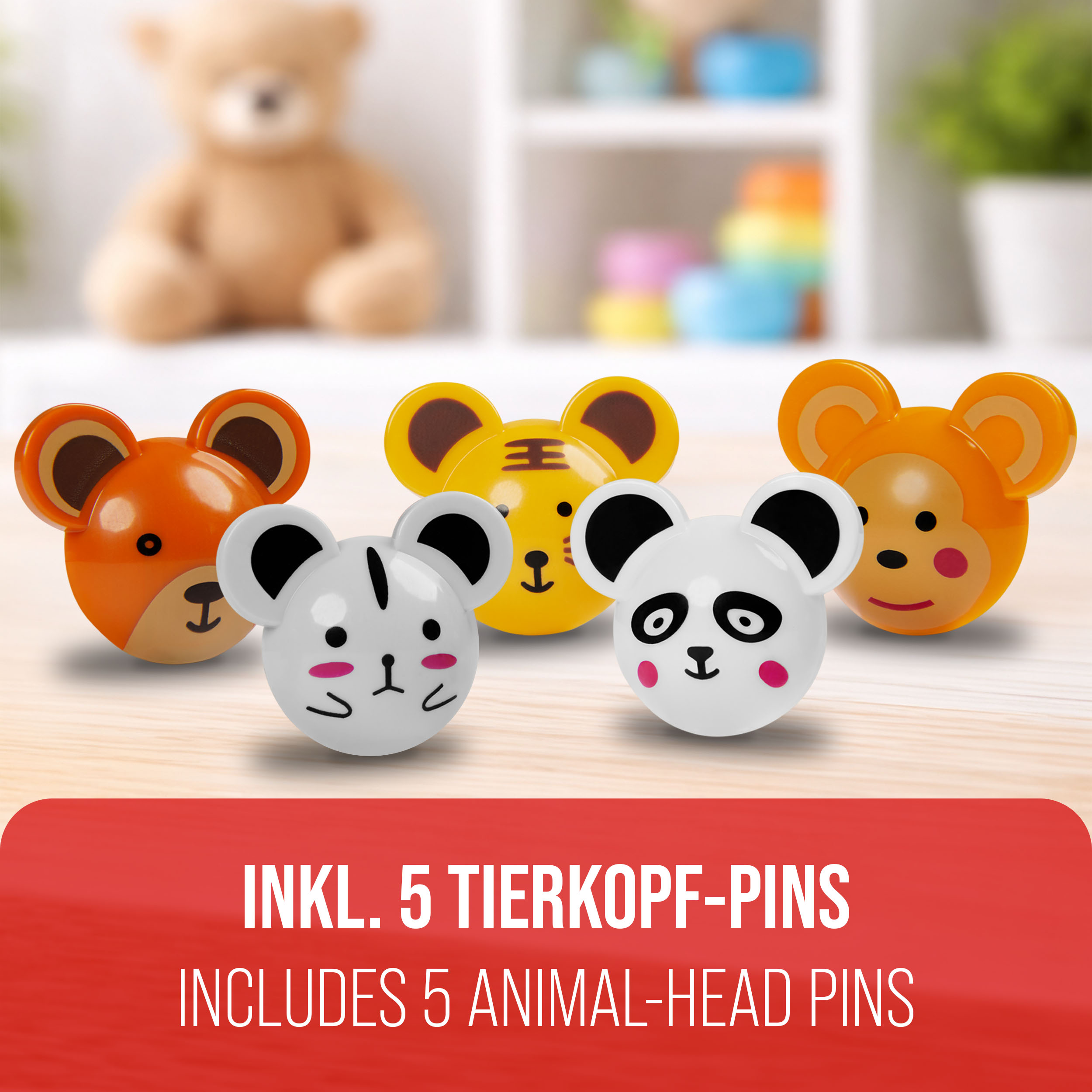 Fünf bunte Tierkopf-Pins: Fuchs, Maus, Tiger, Panda, Affe.