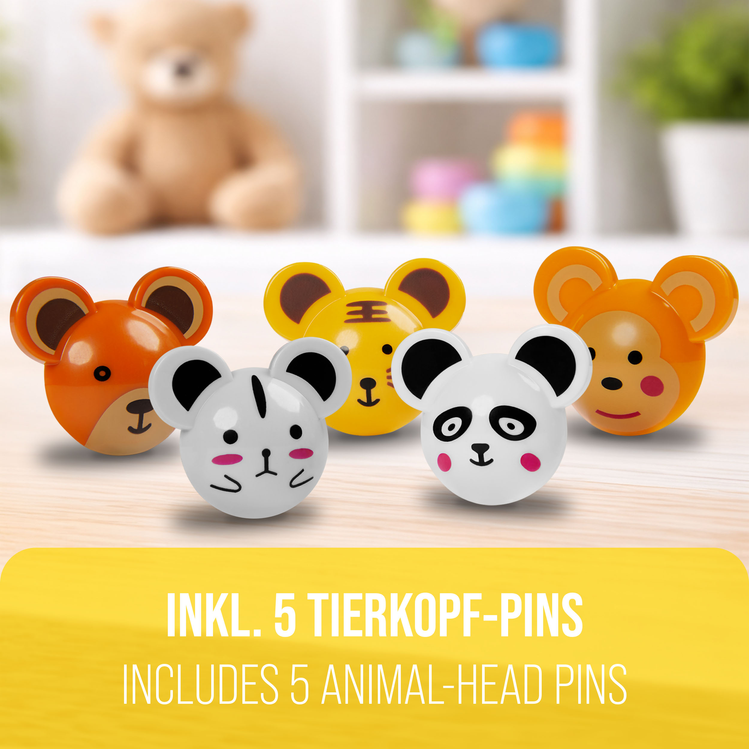 Fünf bunte Tierkopf-Pins: Fuchs, Tiger, Maus, Panda, Affe.