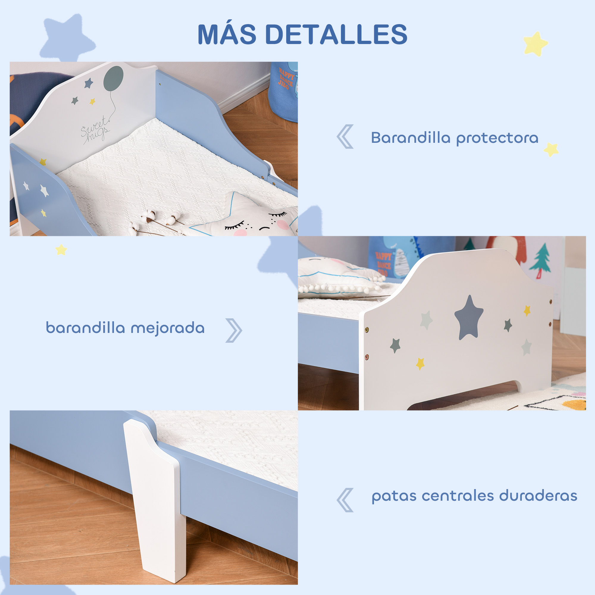 Una cama infantil azul con estrellas y estampado de globo, con barandilla protectora.