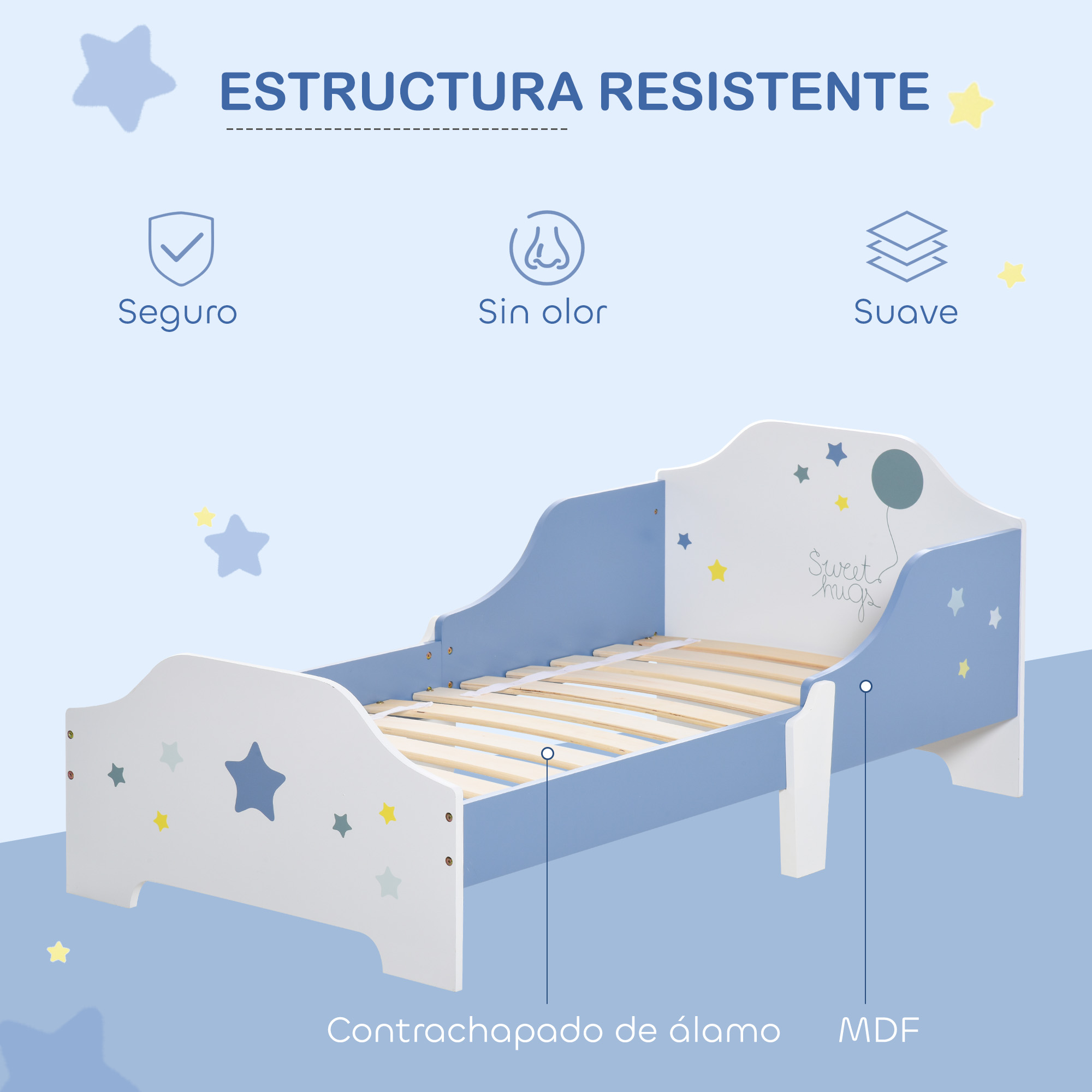 Cama infantil blanca y azul con estrellas. Características: Segura, sin olor, suave.