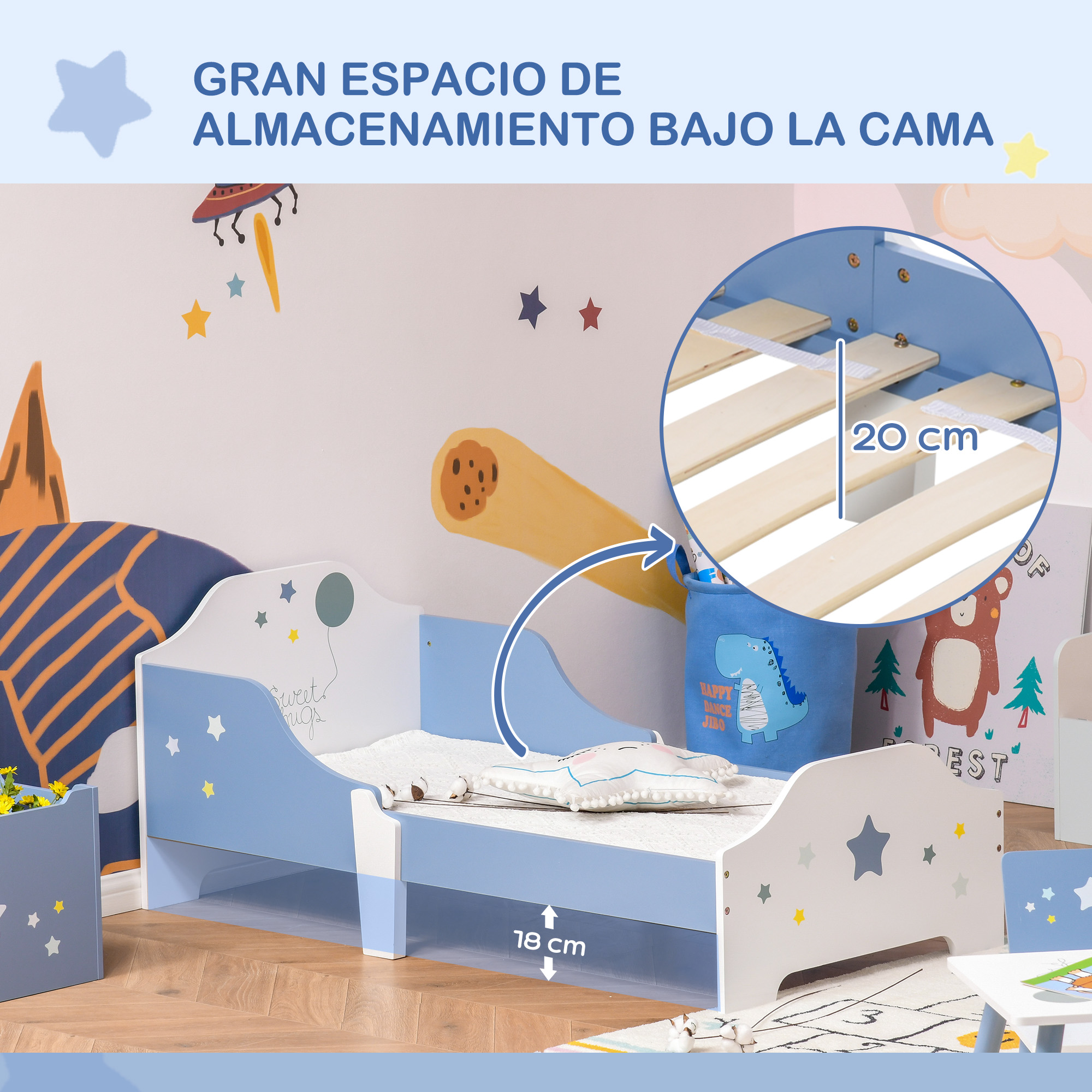 Una cama infantil azul y blanca con estrellas. Muestra 20cm de altura de base y 18cm de espacio debajo.