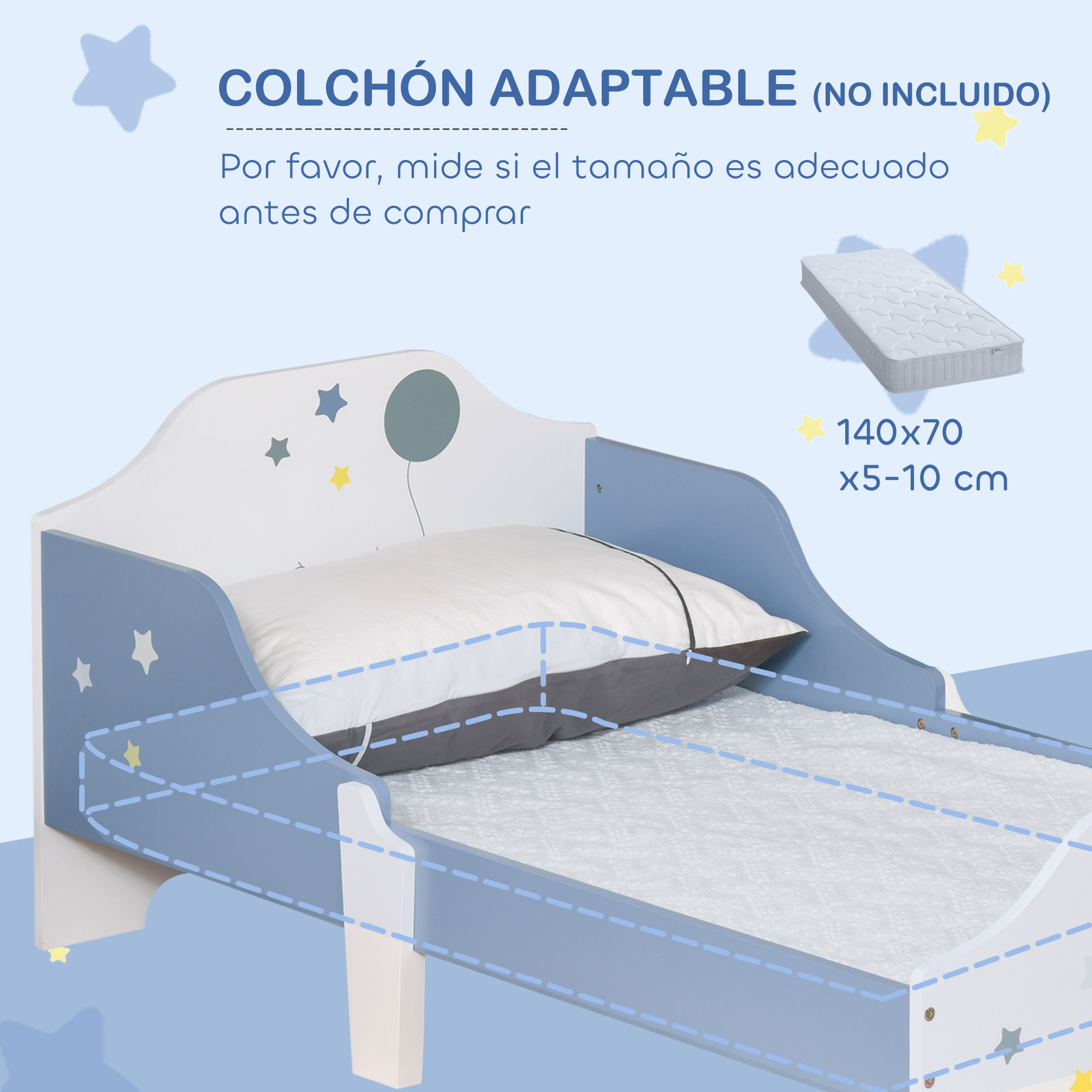 Una cama infantil azul y blanca con motivos de estrellas. Se muestra un colchón.