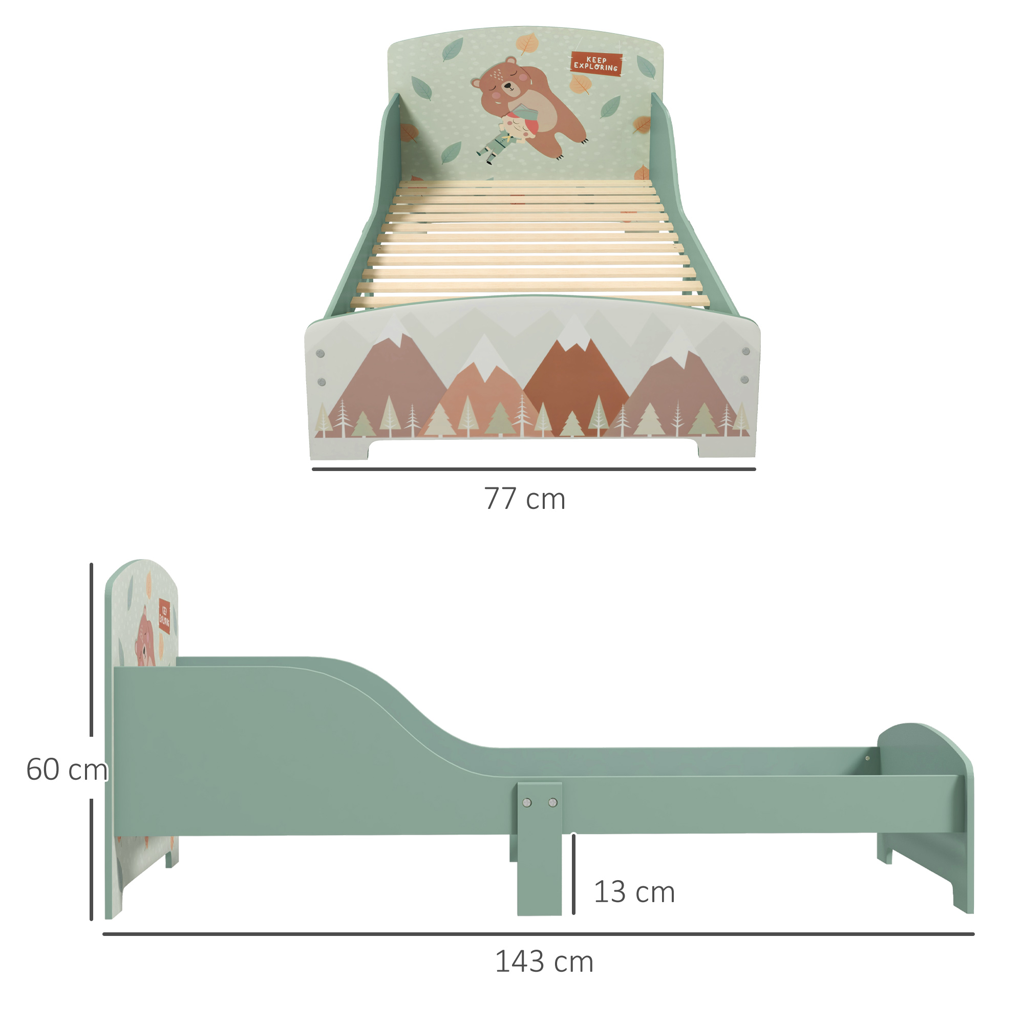 Cama infantil verde con decoración de oso, montaña y árbol. Se muestran las dimensiones.