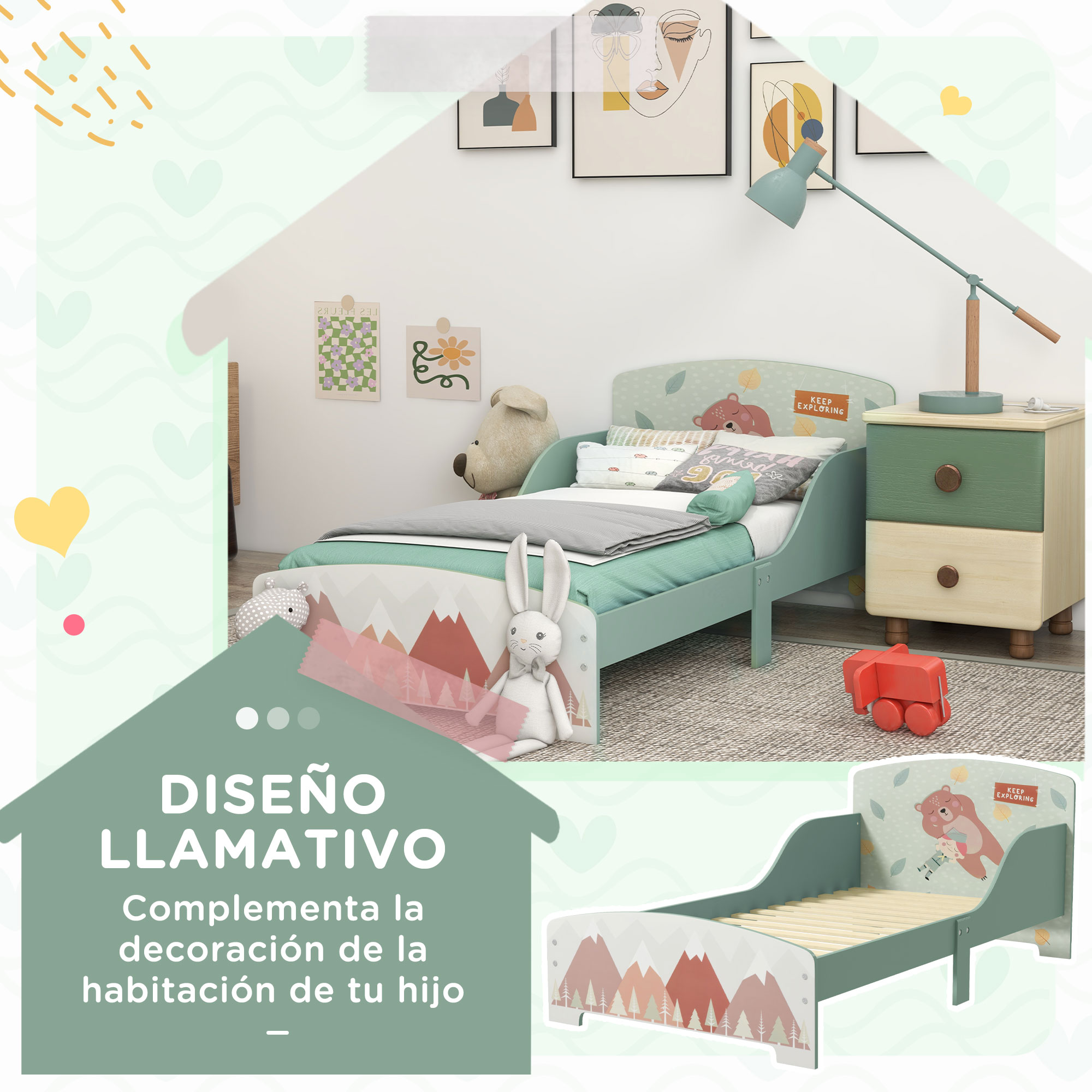 Cama infantil con temática de osos, mesita de noche, lámpara y juguete.