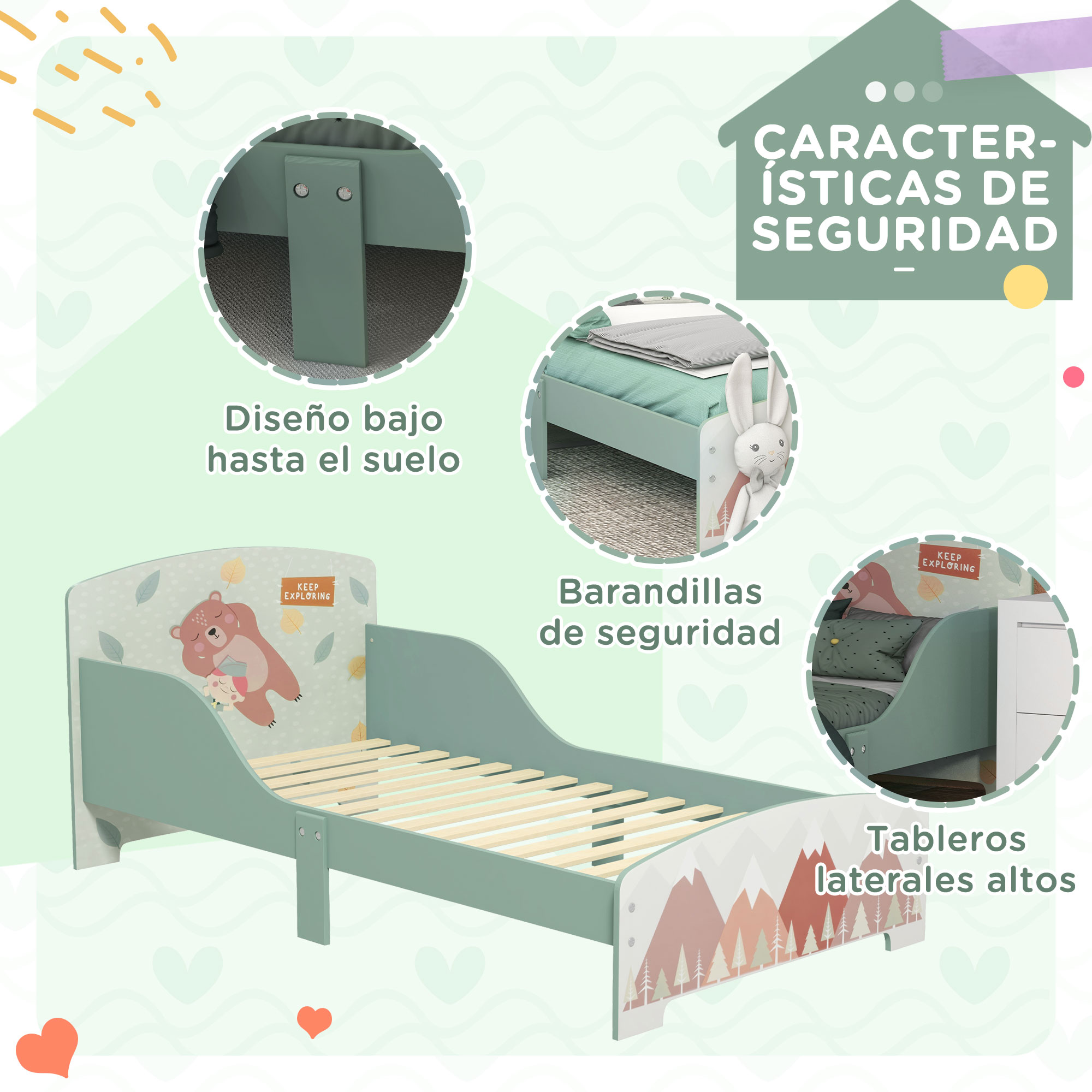 Una cama infantil baja verde menta con características de seguridad y motivos.