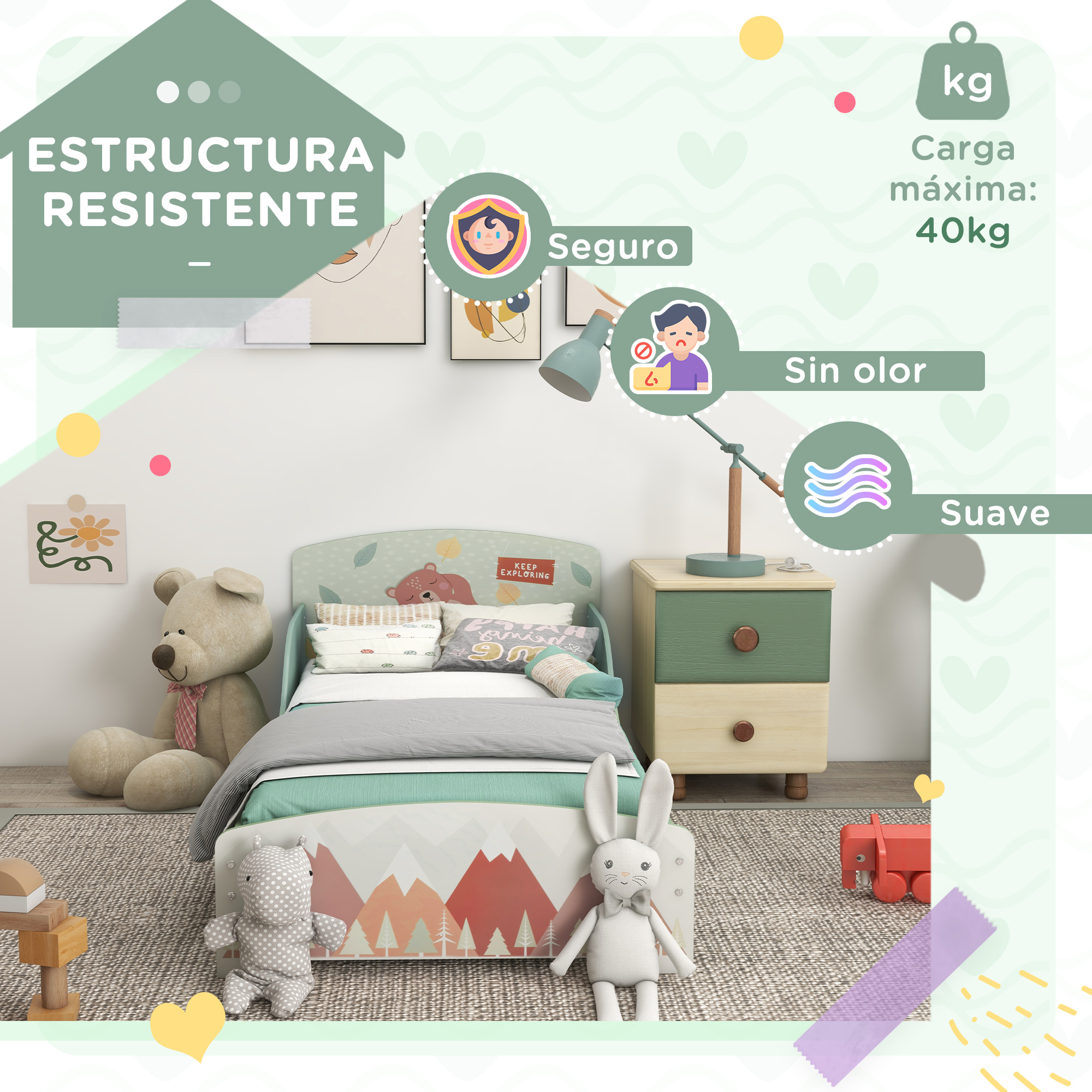 Habitación infantil con cama, oso de peluche, mesita y juguetes. "Estructura resistente".