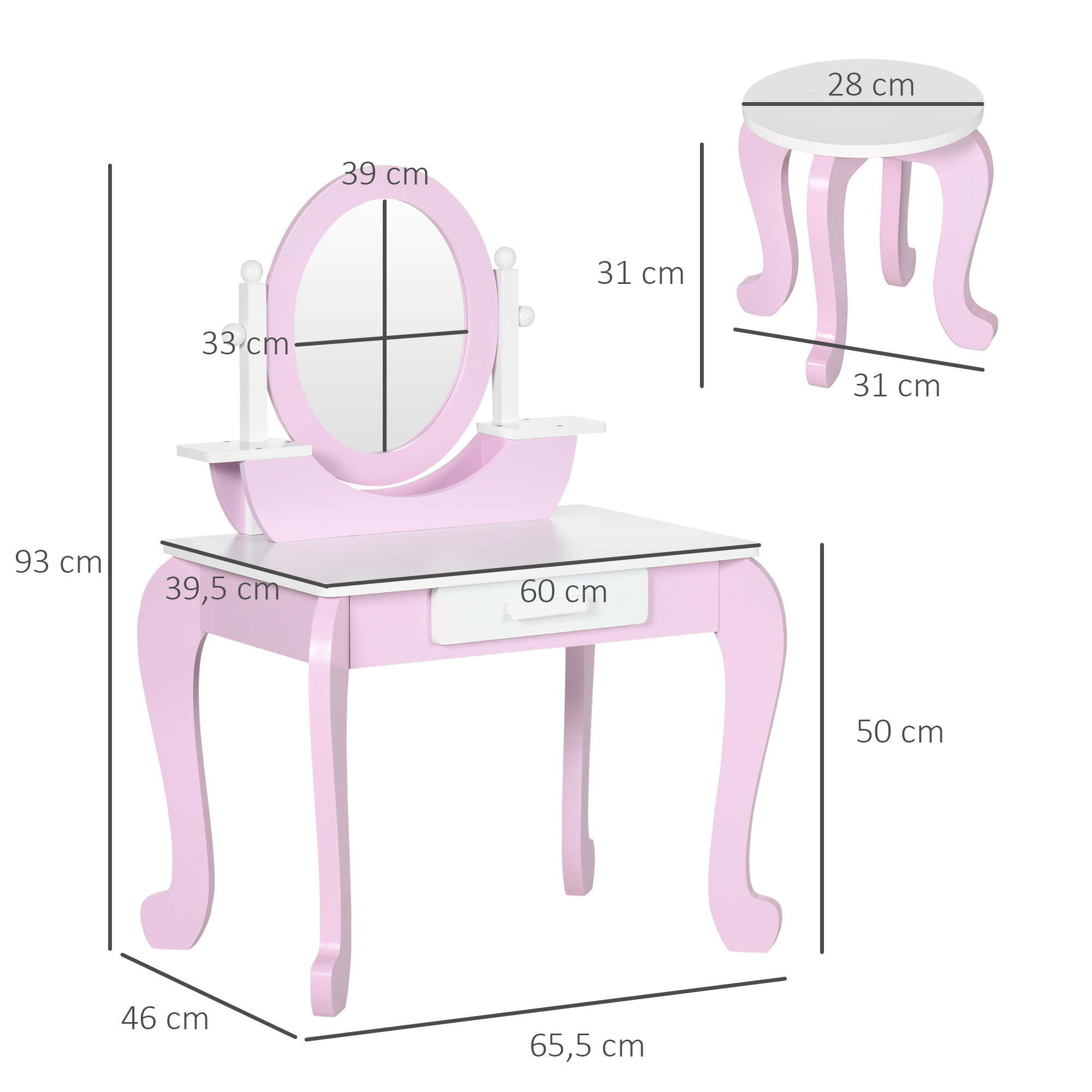 Tocador rosa con espejo y taburete, con dimensiones mostradas.