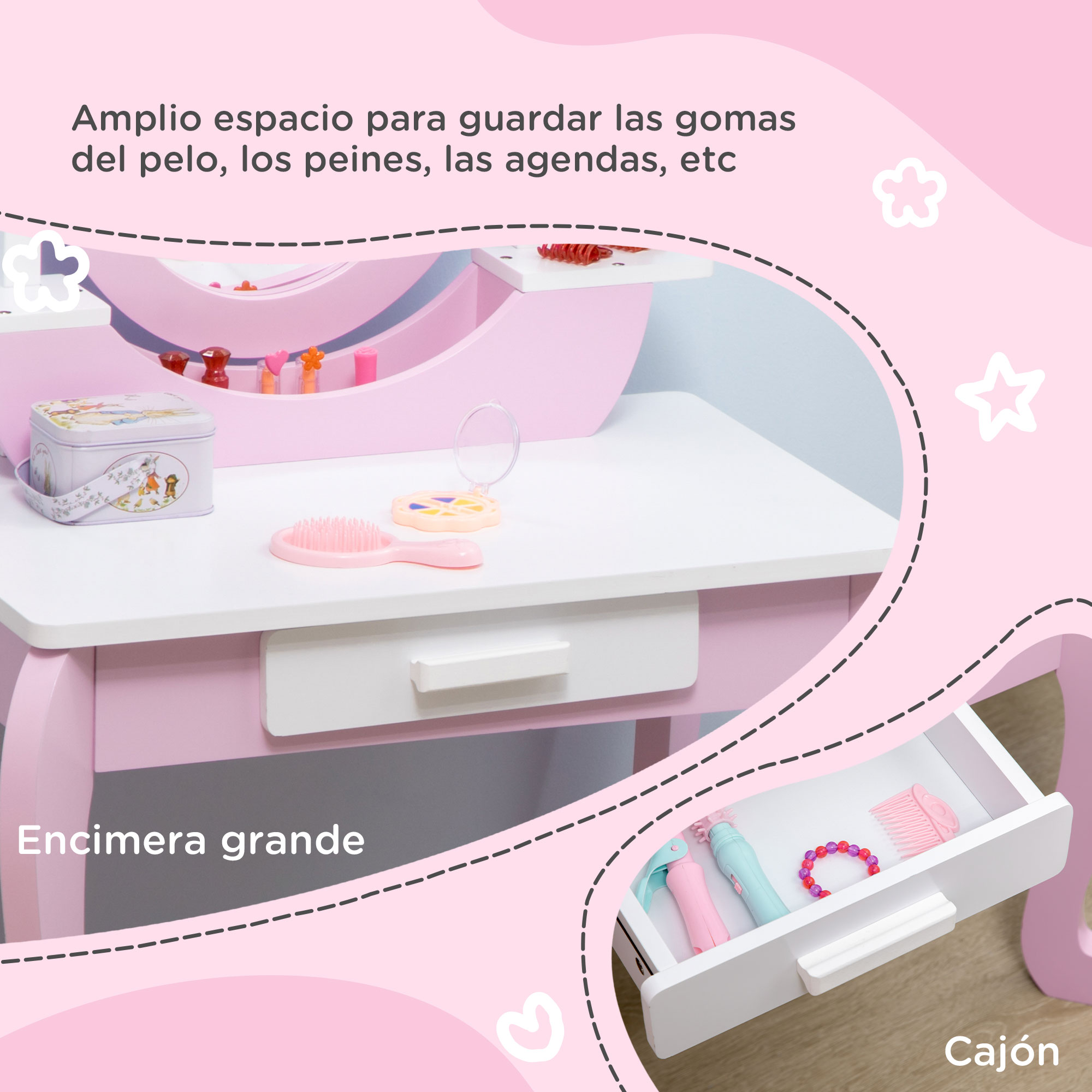 Un tocador rosa con espejo, cepillo, lata y cajón abierto con juguetes.