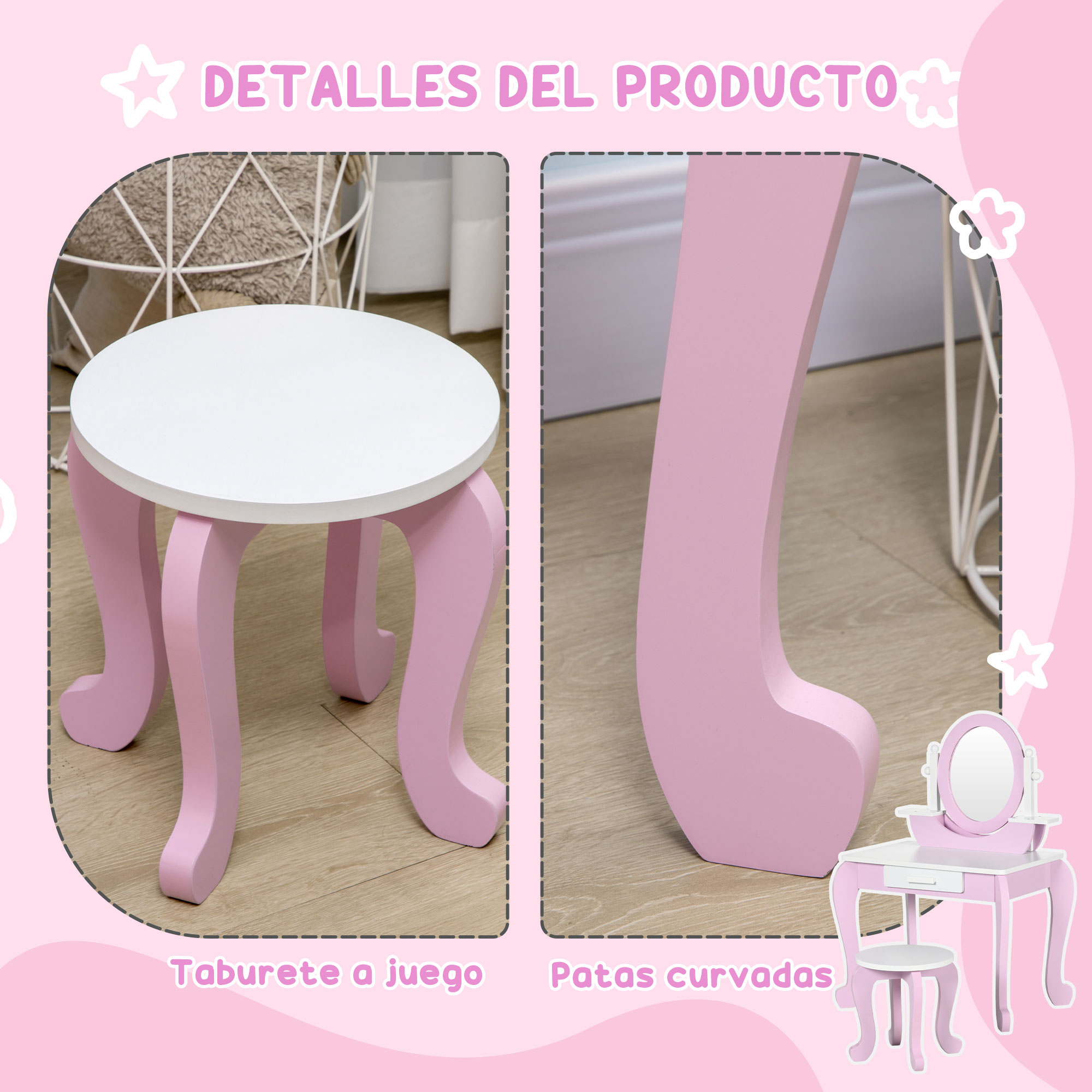 Un taburete rosa con tapa blanca y patas curvas junto a una mesa de tocador.